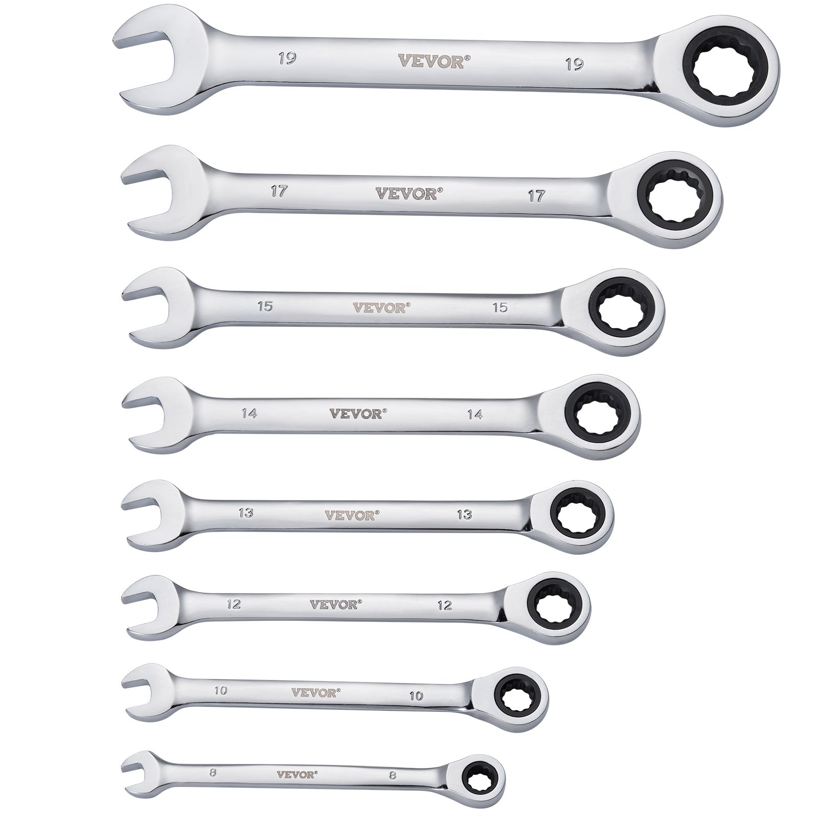 VEVOR 8-Piece Ratchet Wrench Set with Organizer Rack, Cr-V Steel Wrench Set, Metric 8 mm to 19 mm, Ideal for General Household, Garage, Workshop, and Car Repairs