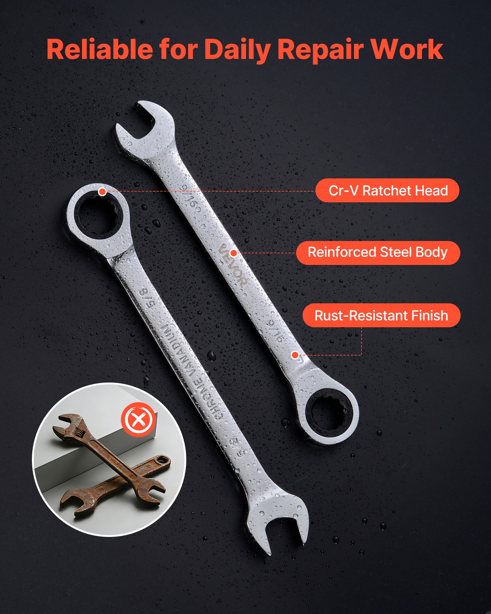 VEVOR Juego de Llaves de Trinquete 16 Unidades, Llaves Combinadas con Carraca, SAE de 1/4 ''-1 '', con Bolsa de Almacenamiento, Acero Cromo Vanadio, para Bricolaje Doméstico Reparaciones de Automóvil