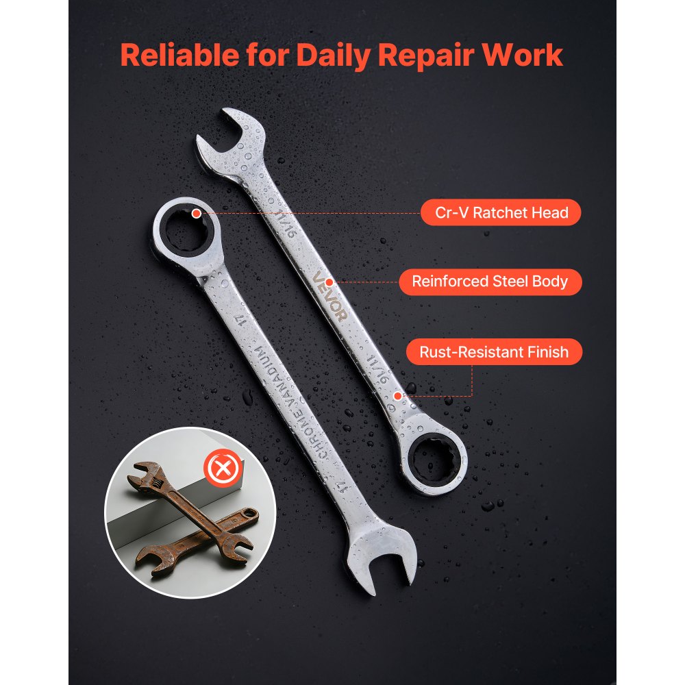 VEVOR Juego de Llaves de Trinquete 26 Unidades, Llaves Combinadas con Carraca, Métrica de 6-19 mm y SAE de 1/4 ''-7/8 '', con Organizador, para Bricolaje Hogar Reparaciones de Automóvil, Plateado