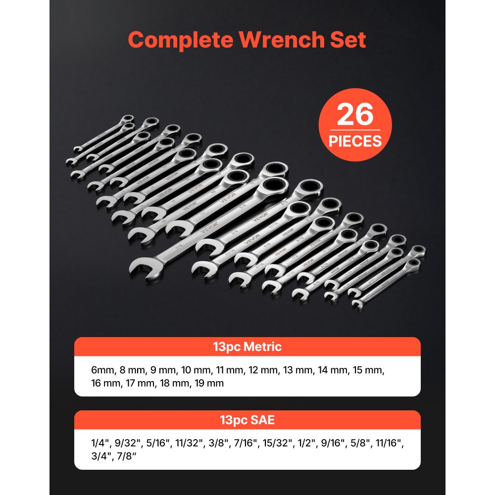 VEVOR Juego de Llaves de Trinquete 26 Unidades, Llaves Combinadas con Carraca, Métrica de 6-19 mm y SAE de 1/4 ''-7/8 '', con Organizador, para Bricolaje Hogar Reparaciones de Automóvil, Plateado