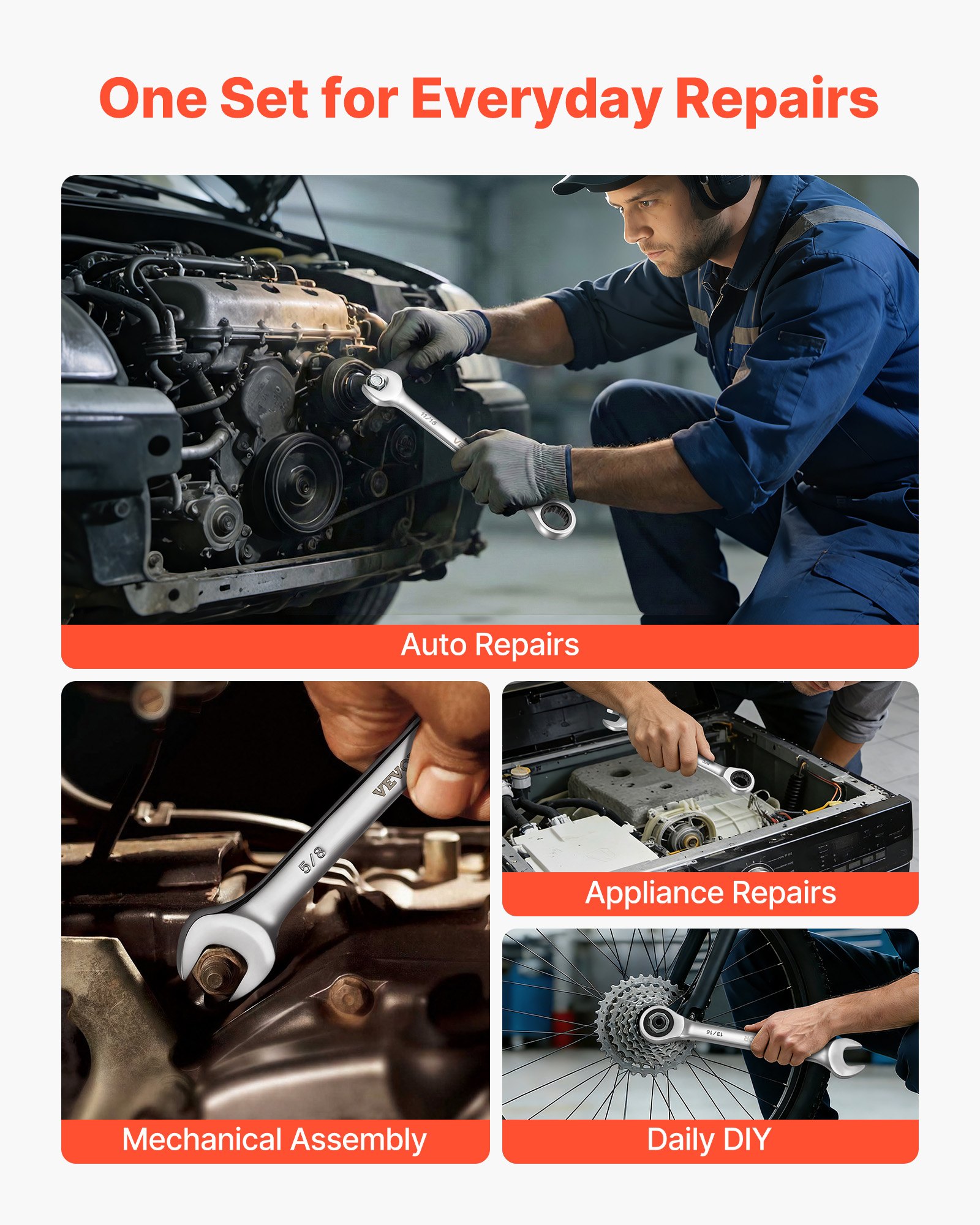 VEVOR Juego de Llaves de Trinquete 26 Unidades, Llaves Combinadas con Carraca, Métrica de 6-19 mm y SAE de 1/4 ''-7/8 '', con Organizador, para Bricolaje Hogar Reparaciones de Automóvil, Plateado