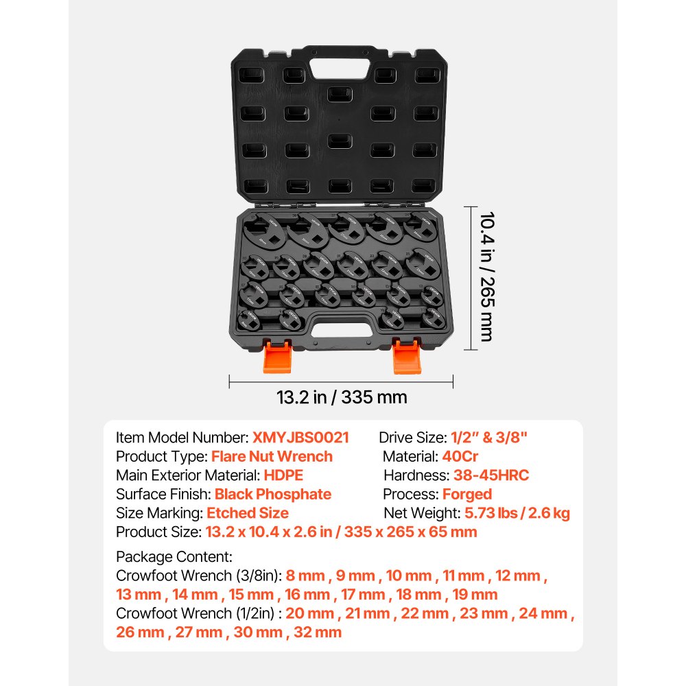 VEVOR Juego de Llaves de Pata de Gallo 21 Pcs Accionamiento de 1/2" y 3/8", Llaves para Tuercas Abocinadas, Medidas Métricas, Estuche de Almacenamiento, Herramientas para Mantenimiento Reparación