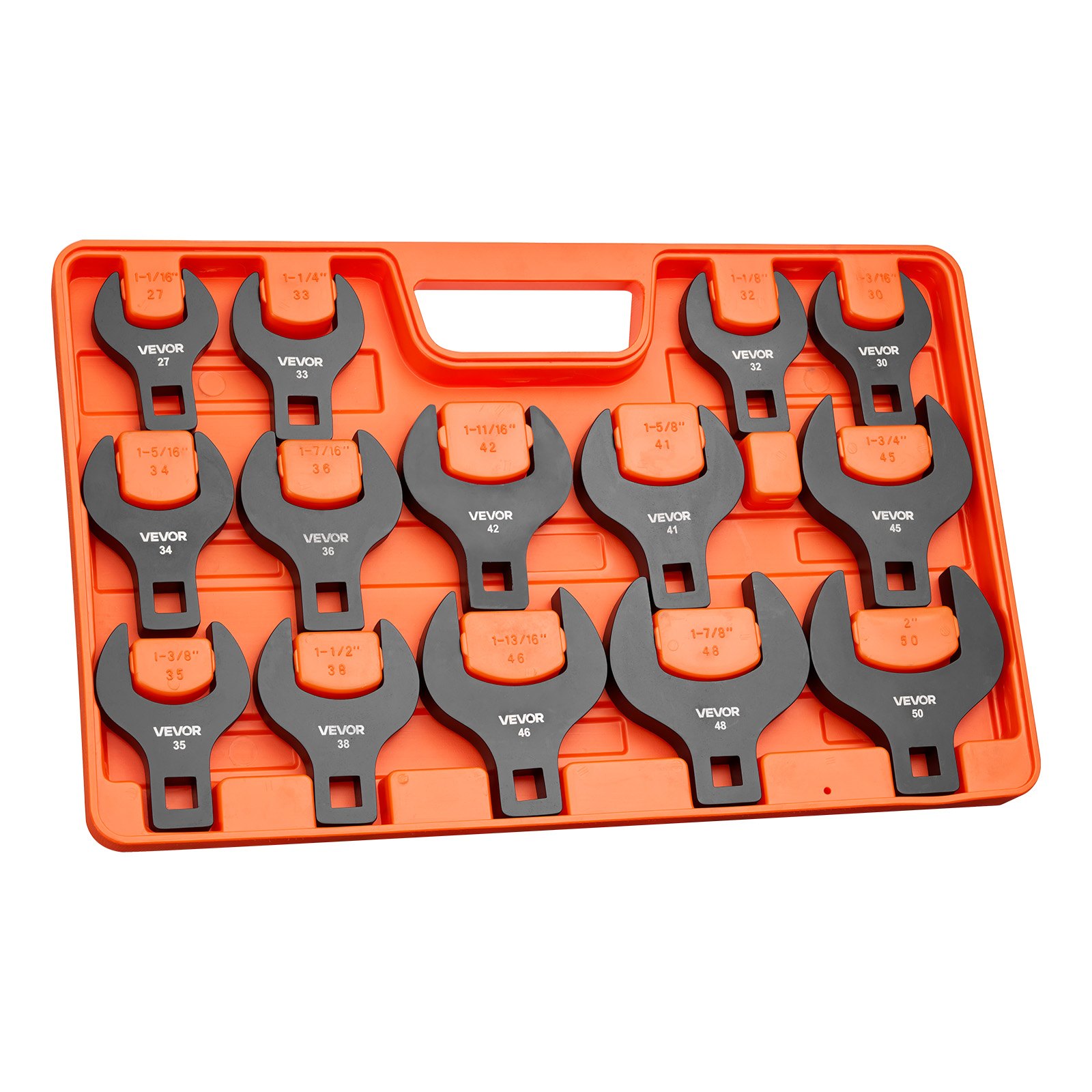 VEVOR Juego de Llaves de Pata de Gallo 14 Piezas Métricas de 27 a 50 mm, Llaves de Pata de Cuervo de Extremo Abierto, Accionamiento de 1/2", Bandeja de Almacenamiento, para Mantenimiento Reparación