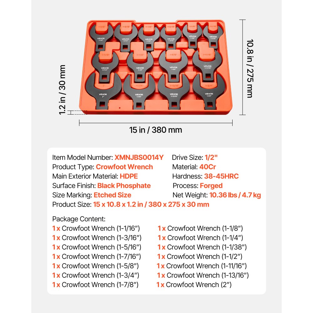VEVOR Juego de Llaves de Pata de Gallo 14 Pcs Medidas SAE de 1-1/16" a 2", Llaves de Pata de Cuervo de Extremo Abierto, Accionamiento de 1/2", Acero 40Cr, Herramientas para Reparación Mantenimiento