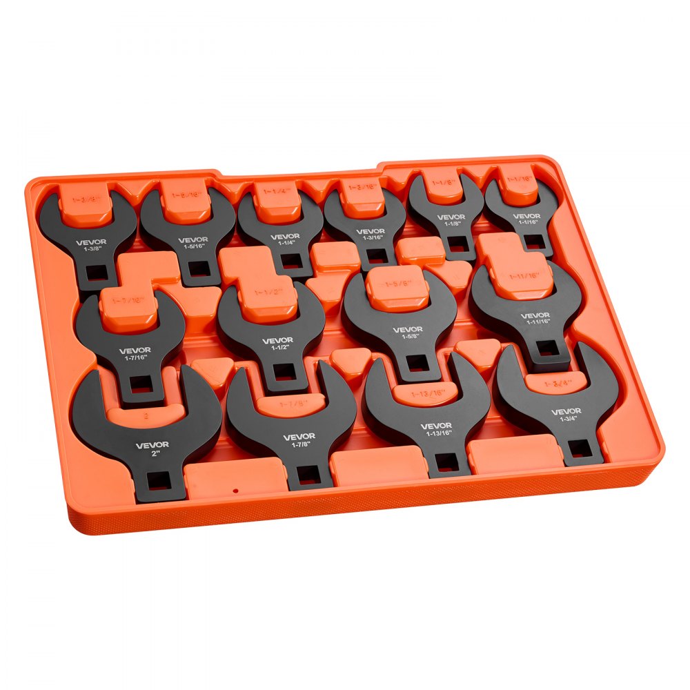 VEVOR Juego de Llaves de Pata de Gallo 14 Pcs Medidas SAE de 1-1/16" a 2", Llaves de Pata de Cuervo de Extremo Abierto, Accionamiento de 1/2", Acero 40Cr, Herramientas para Reparación Mantenimiento
