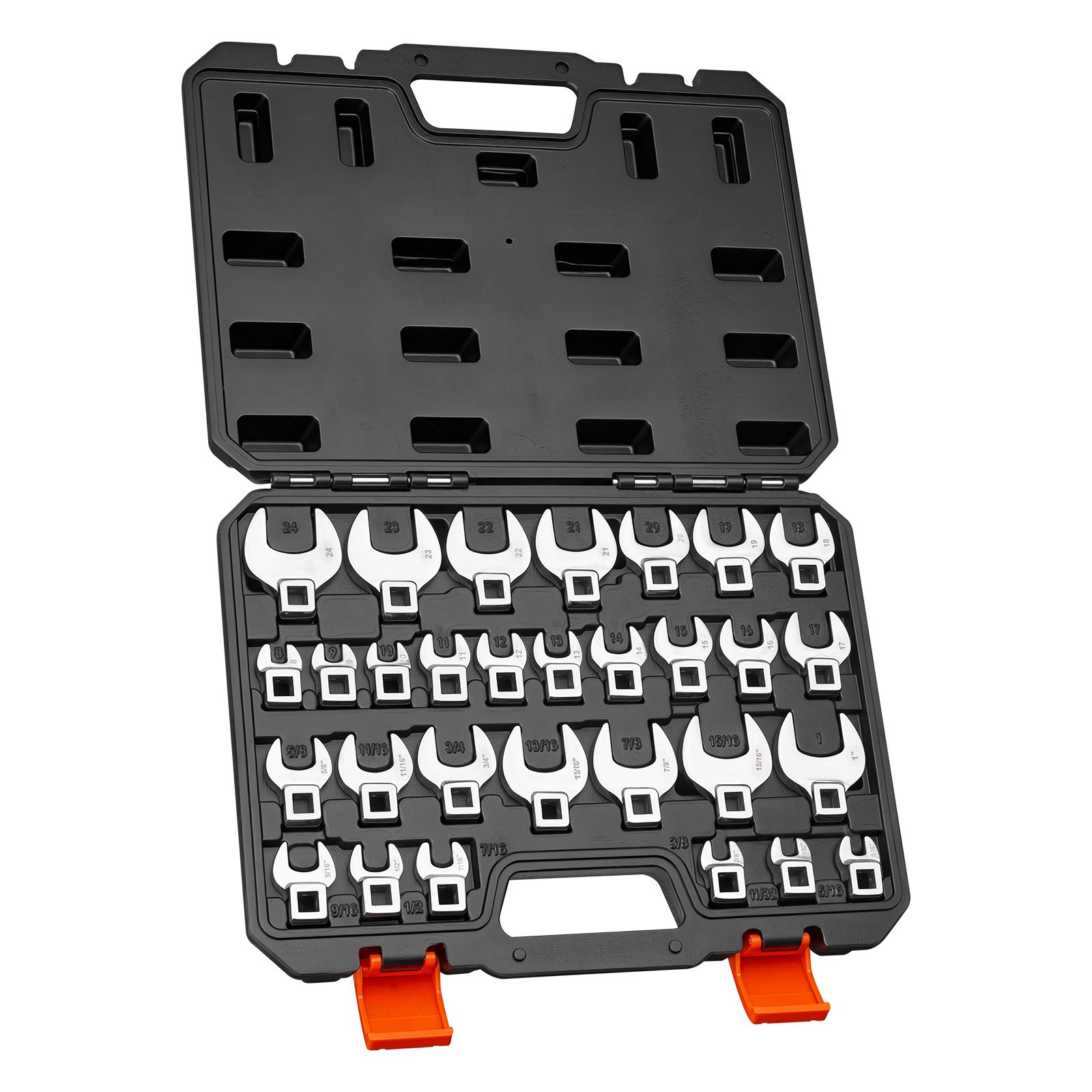 VEVOR Juego de Llaves de Pata de Gallo 30 Piezas Medidas de SAE y Métricas, Llaves de Pata de Cuervo de Extremo Abierto, Acero Cr-Mo, con Caja de Herramientas, para Mantenimiento Reparación Vehículos