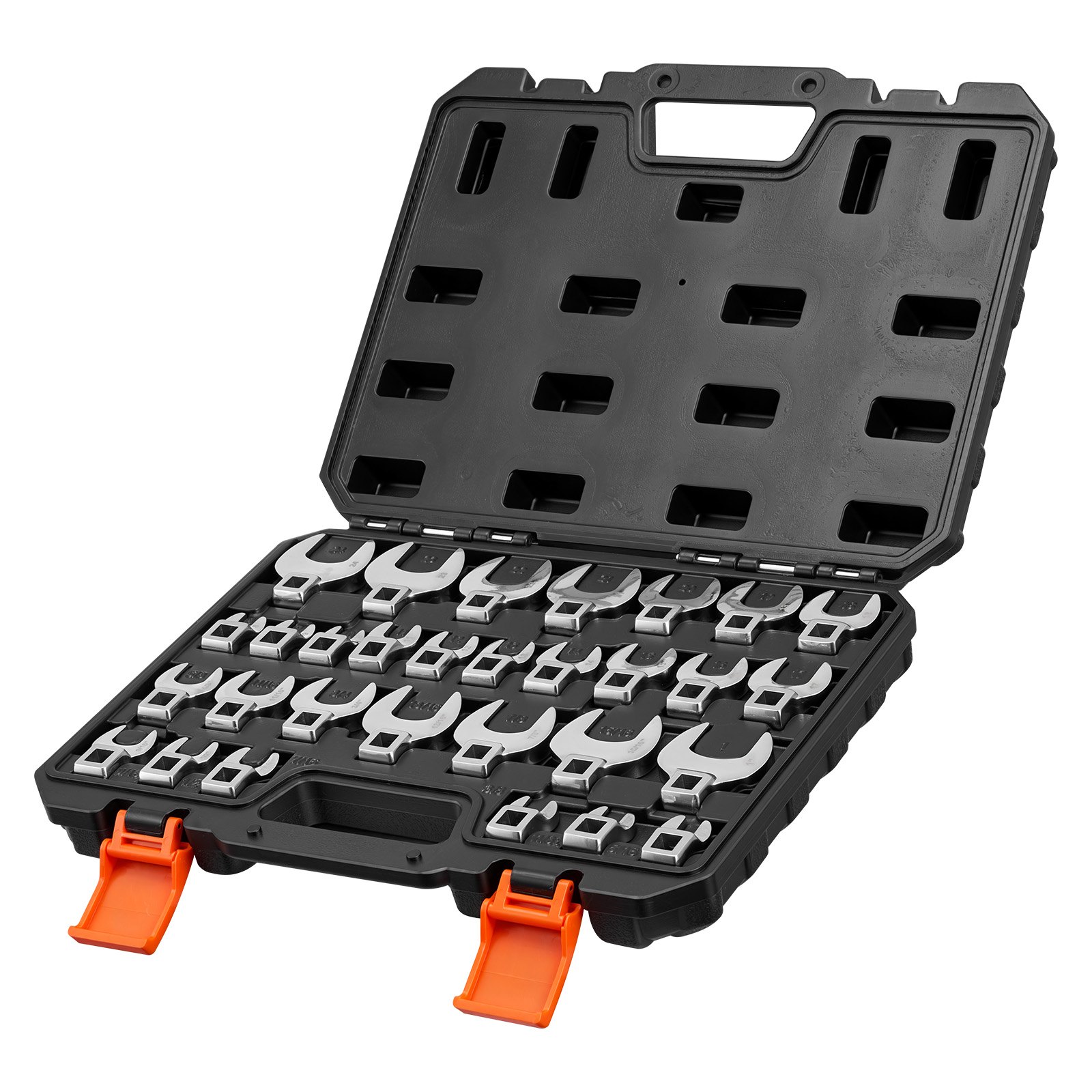 VEVOR Juego de Llaves de Pata de Gallo 30 Piezas Medidas de SAE y Métricas, Llaves de Pata de Cuervo de Extremo Abierto, Acero Cr-Mo, con Caja de Herramientas, para Mantenimiento Reparación Vehículos