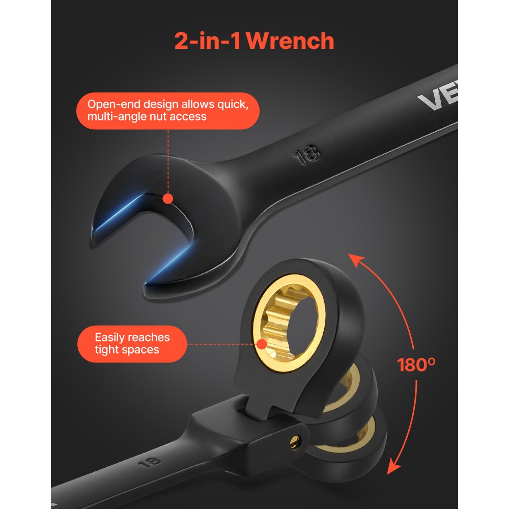 VEVOR Juego de Llaves de Trinquete 24 Unidades, Llaves Combinadas con Carraca, Cabezas Flexibles, Métrica y SAE, con Estuche de Almacenamiento, para Bricolaje Hogar Reparaciones de Automóvil, Negro