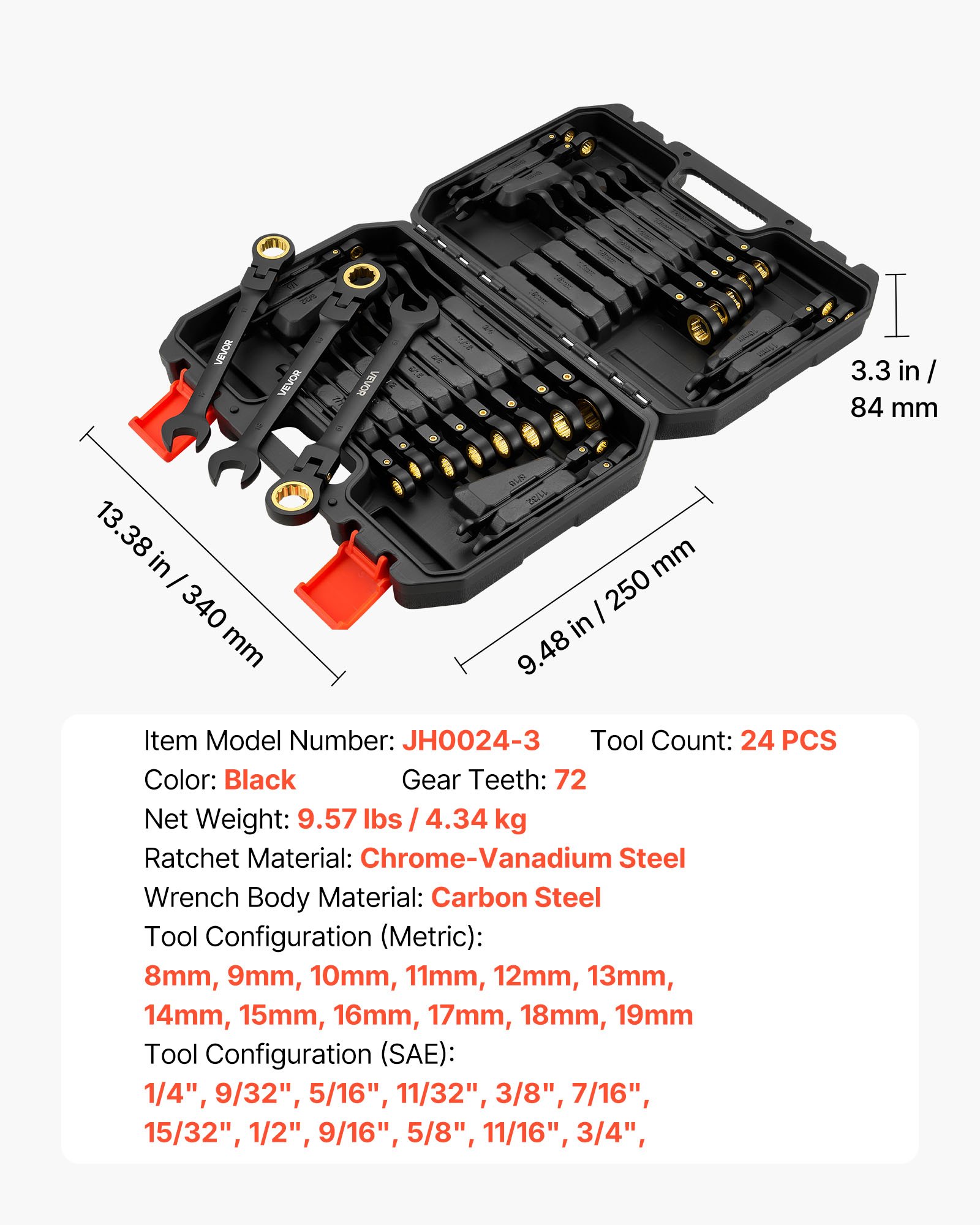 VEVOR Juego de Llaves de Trinquete 24 Unidades, Llaves Combinadas con Carraca, Cabezas Flexibles, Métrica y SAE, con Estuche de Almacenamiento, para Bricolaje Hogar Reparaciones de Automóvil, Negro