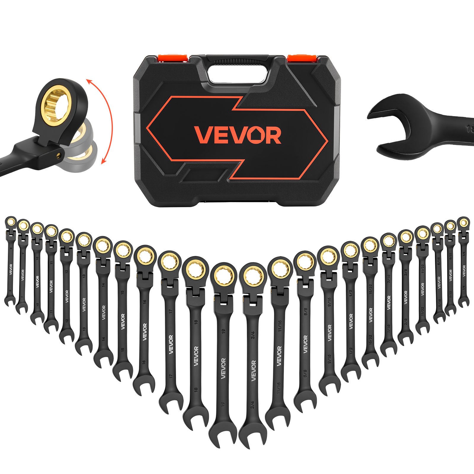 VEVOR Juego de Llaves de Trinquete 24 Unidades, Llaves Combinadas con Carraca, Cabezas Flexibles, Métrica y SAE, con Estuche de Almacenamiento, para Bricolaje Hogar Reparaciones de Automóvil, Negro