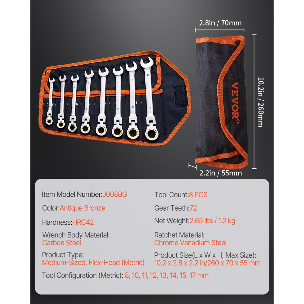 VEVOR Flexhead Ratchet Wrench Set, 8-Piece Combination Wrench Set with Roll-Up Pouch, Cr-V Steel Flexible Ratchet Wrench Set, Metric 8 mm to 17 mm, Ideal for Household and Automotive Repairs