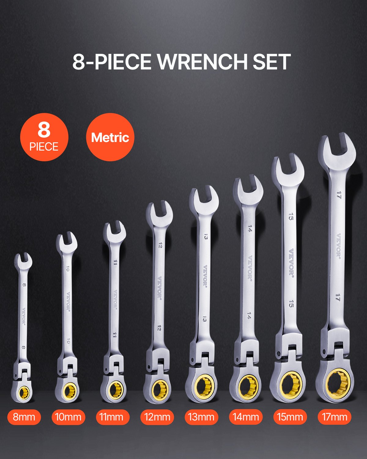 VEVOR Flexhead Ratchet Wrench Set, 8-Piece Combination Wrench Set with Roll-Up Pouch, Cr-V Steel Flexible Ratchet Wrench Set, Metric 8 mm to 17 mm, Ideal for Household and Automotive Repairs