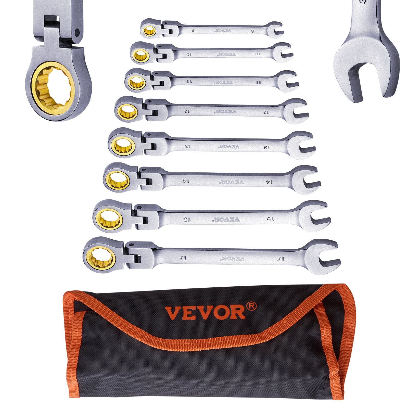 VEVOR Flexhead Ratchet Wrench Set, 8-Piece Combination Wrench Set with Roll-Up Pouch, Cr-V Steel Flexible Ratchet Wrench Set, Metric 8 mm to 17 mm, Ideal for Household and Automotive Repairs