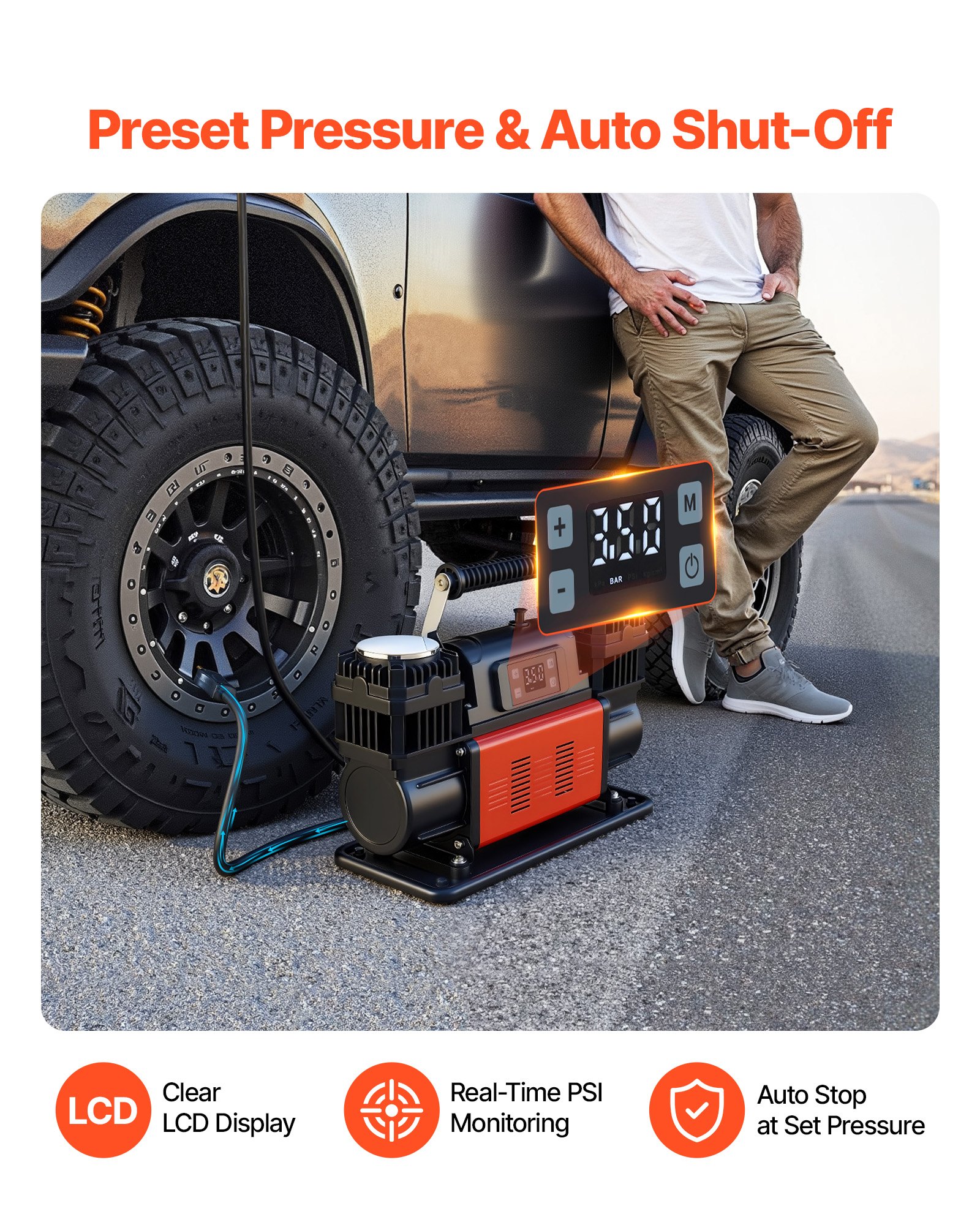 VEVOR Compresor de Aire de Doble Cilindro para Trabajo Pesado, Inflador de Neumáticos Portátil con Parada Automática 300 L/min, con Pantalla Digital LCD y Adaptadores para Camiones, Coches, SUV