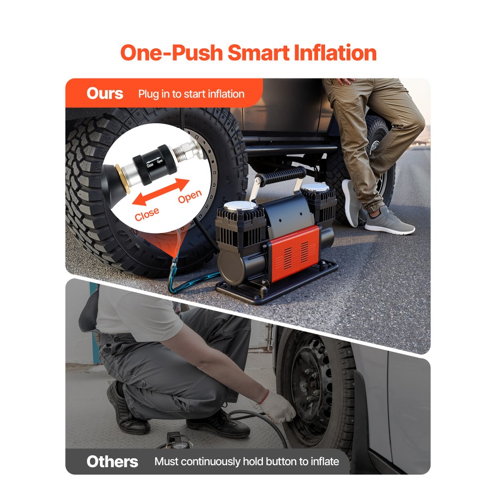 VEVOR Compresor de Aire de Doble Cilindro para Trabajo Pesado, Inflador de Neumáticos Portátil 300 L/min, con Manómetro Digital y Adaptadores a Camiones, SUV y Autocaravanas, 365 x 150 x 227 mm
