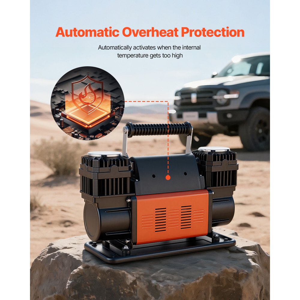 VEVOR Compresor de Aire de Doble Cilindro para Trabajo Pesado, Inflador de Neumáticos Portátil 300 L/min, con Manómetro Digital y Adaptadores a Camiones, SUV y Autocaravanas, 365 x 150 x 227 mm