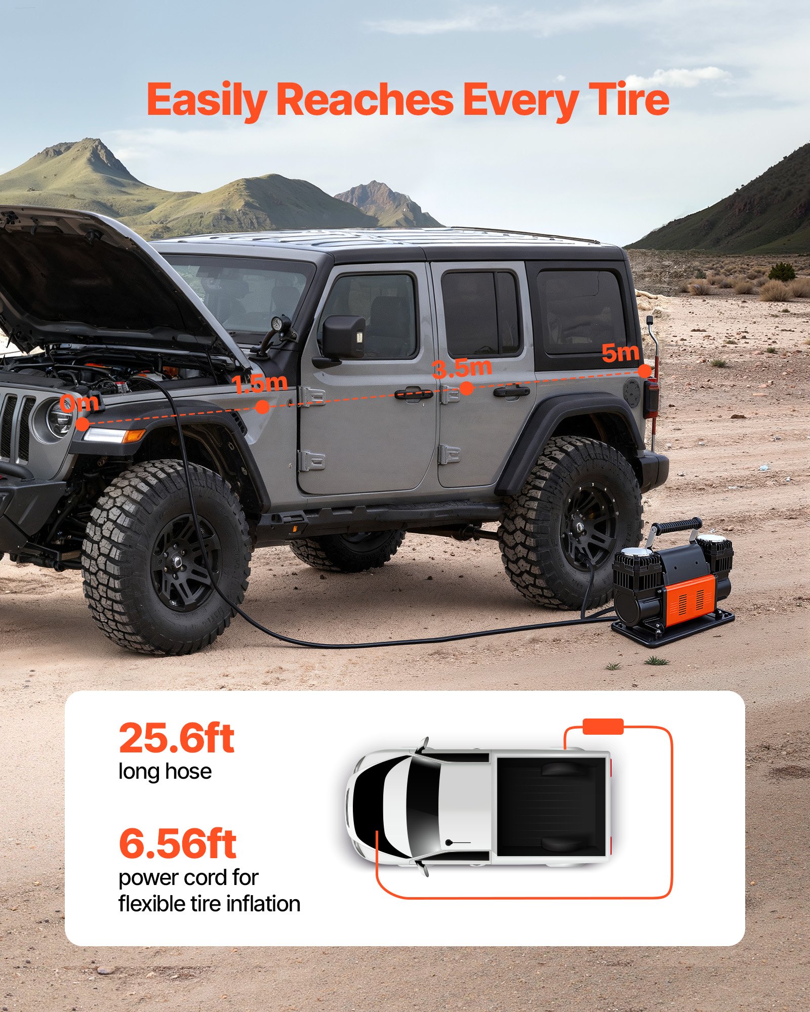 VEVOR Compresor de Aire de Doble Cilindro para Trabajo Pesado, Inflador de Neumáticos Portátil 300 L/min, con Manómetro Digital y Adaptadores a Camiones, SUV y Autocaravanas, 365 x 150 x 227 mm