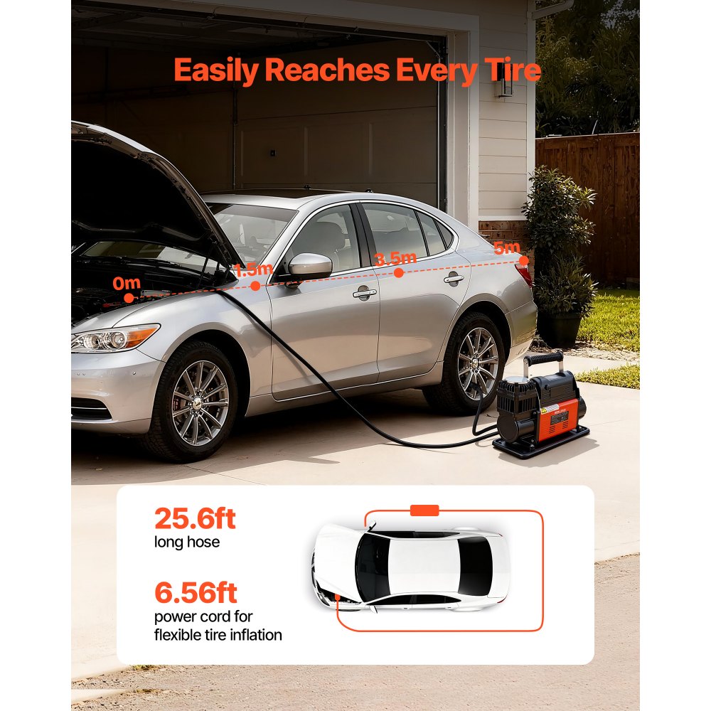 VEVOR Compresor de Aire para Trabajo Pesado, Inflador de Neumáticos Portátil con Parada Automática, Pantalla Digital LCD, 202 L/min y 10,34 bar con Adaptadores para Camiones, SUV, y Autocaravanas