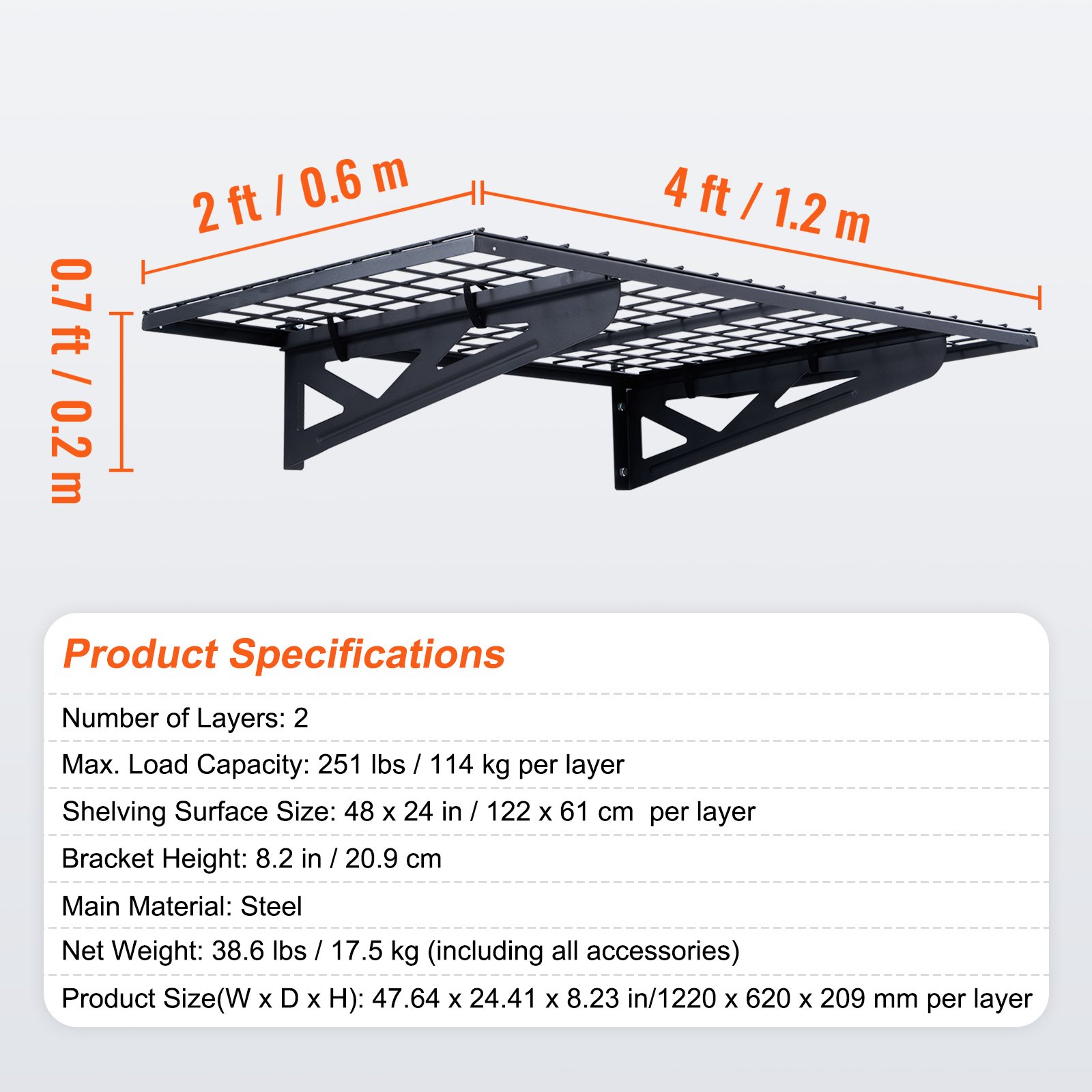 VEVOR 2-piece garage shelving set, 1220 x 620 x 209 mm, tool storage, 114 kg per layer, wall-mounted tool holder, 122 x 61 cm shelf area, storage shelves, metal shelf, tool organizer, wall shelves
