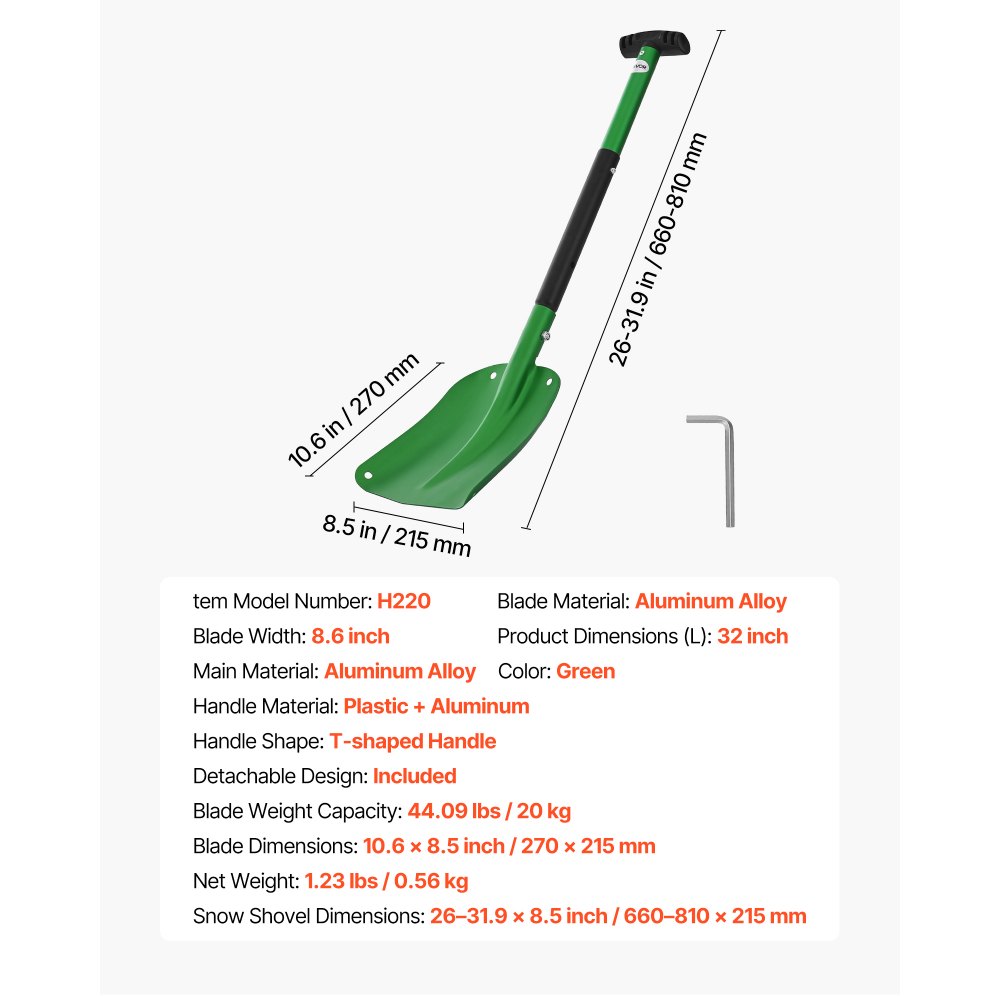 VEVOR Pala de Nieve de Aleación de Aluminio Ancho de 21,5 cm, Pala Quitanieves con Empuñadura en T de PP, Portátil y Ligera, para Quitar Nieve de Jardín, Coche, Camping, Entrada de Vehículos, Verde