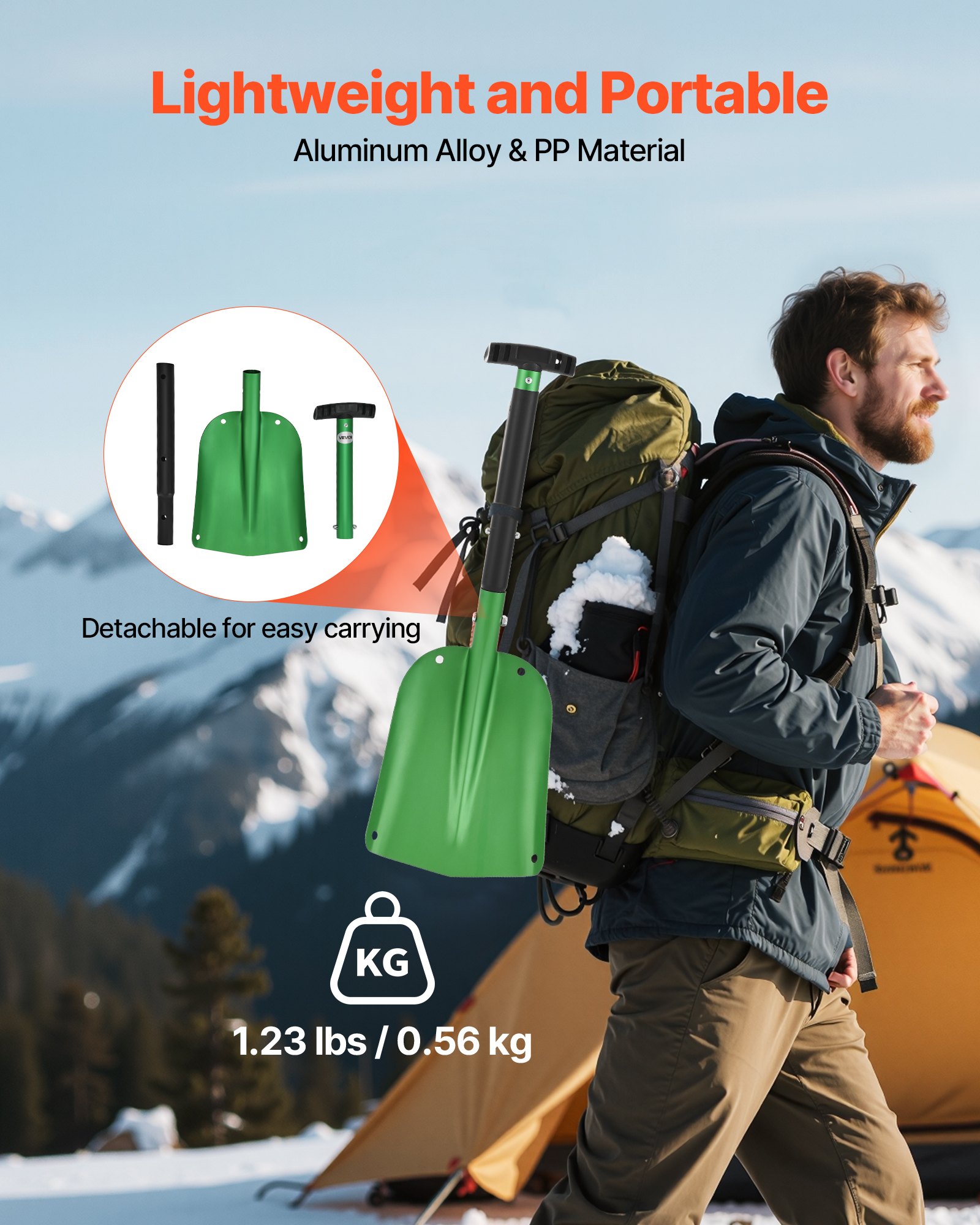 VEVOR Pala de Nieve de Aleación de Aluminio Ancho de 21,5 cm, Pala Quitanieves con Empuñadura en T de PP, Portátil y Ligera, para Quitar Nieve de Jardín, Coche, Camping, Entrada de Vehículos, Verde