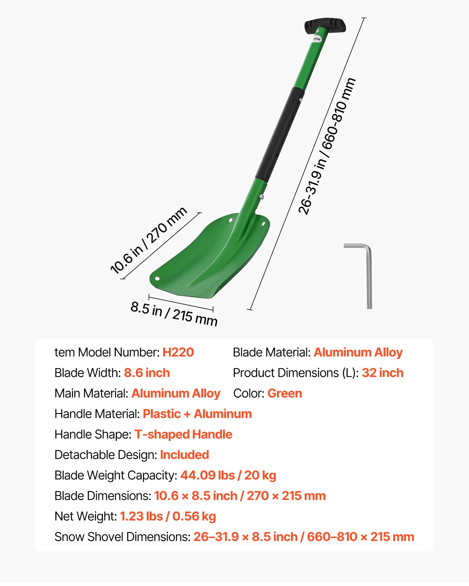 VEVOR Pala de Nieve de Aleación de Aluminio Ancho de 21,5 cm, Pala Quitanieves con Empuñadura en T de PP, Portátil y Ligera, para Quitar Nieve de Jardín, Coche, Camping, Entrada de Vehículos, Verde