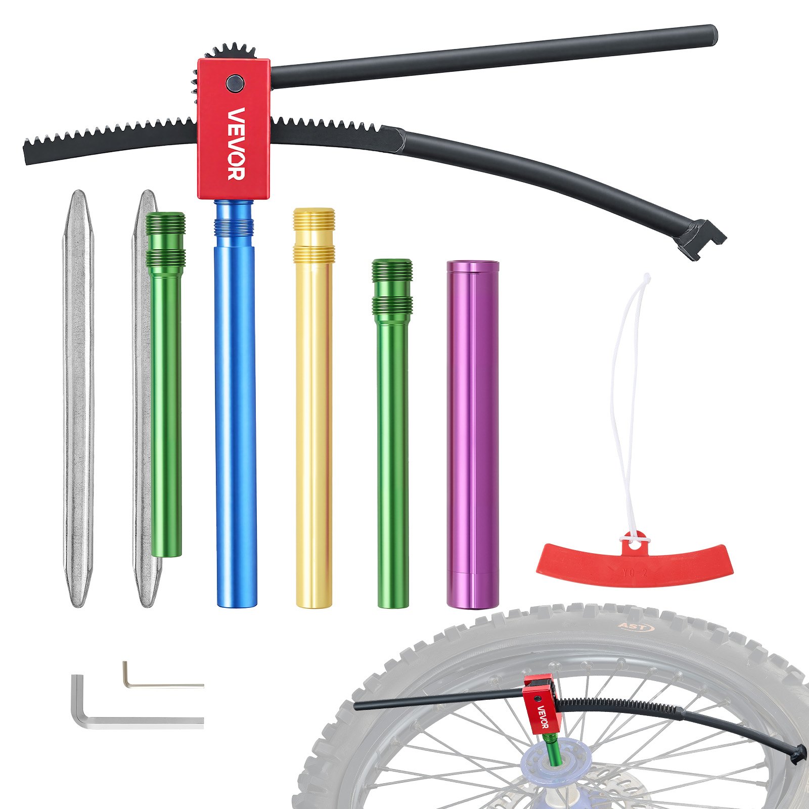 VEVOR Desmontadora de Neumáticos para Motos de Cross, Compatible con Ruedas de 406 a 533 mm, Adaptadores de Eje de 15-25 mm, Cambiador de Neumáticos de Motocross con Palancas, Funda Protectora