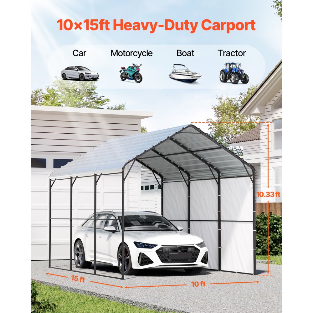 VEVOR Cochera de Metal Resistente de 3 x 4,5 x 3,15 m para Exterior con Estructura y Techo de Acero Galvanizado, Carpa para Coche con Paredes Laterales Extraíbles para Camionetas, Barcos, Automóviles