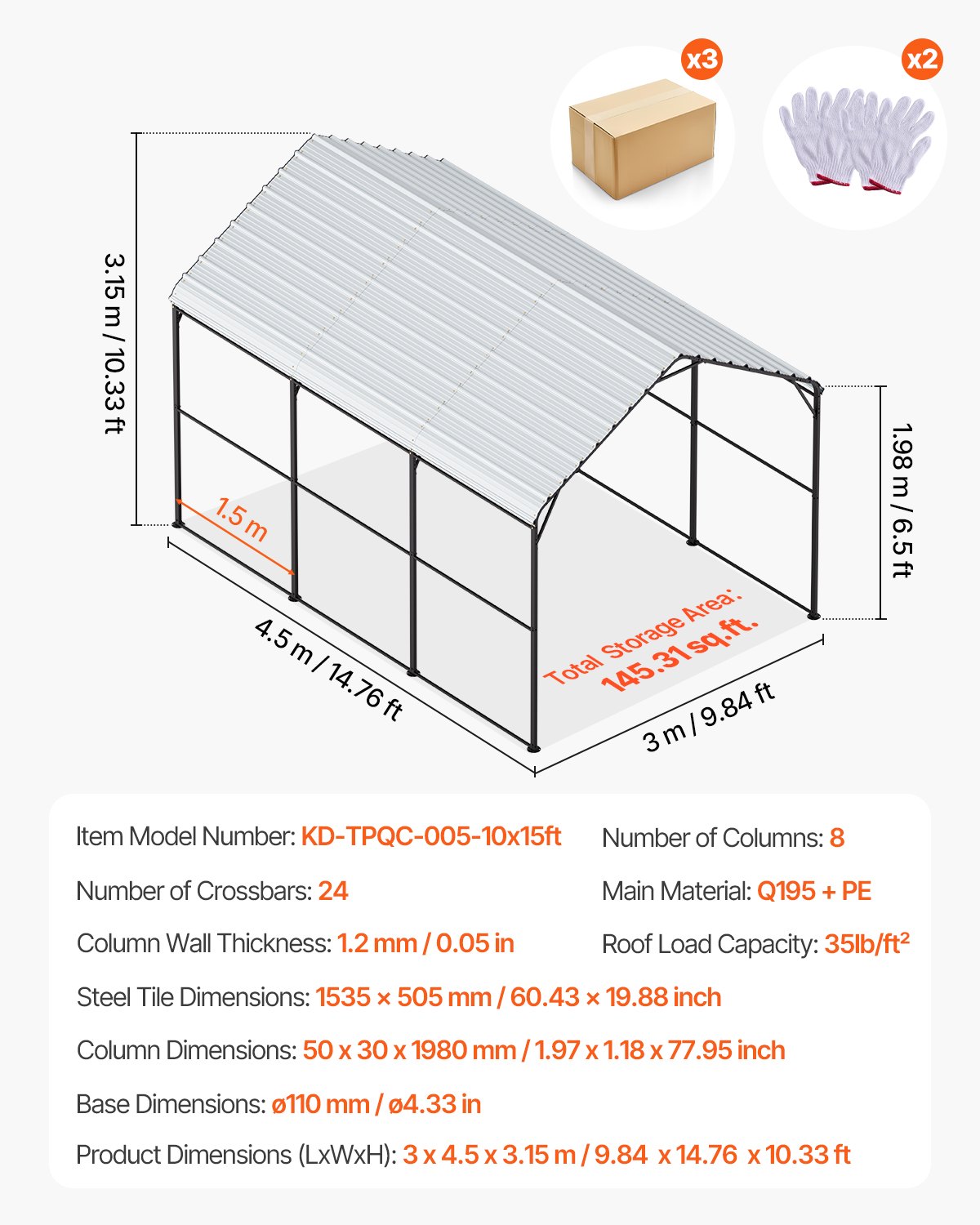 VEVOR Cochera de Metal Resistente de 3 x 4,5 x 3,15 m para Exterior con Estructura y Techo de Acero Galvanizado, Carpa para Coche con Paredes Laterales Extraíbles para Camionetas, Barcos, Automóviles