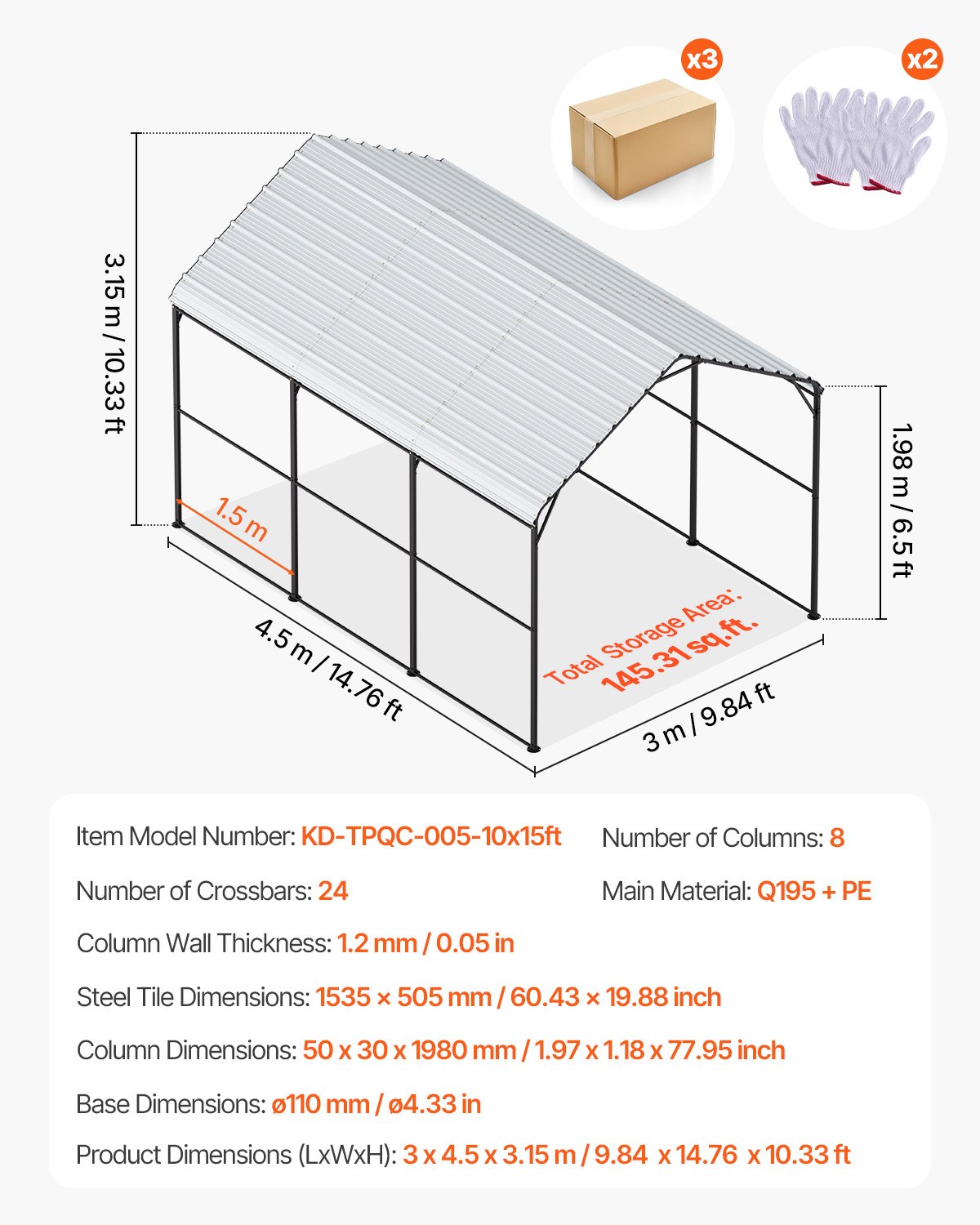 VEVOR Cochera de Metal Resistente de 3 x 4,5 x 3,15 m para Exterior con Estructura y Techo de Acero Galvanizado, Carpa para Coche con Paredes Laterales Extraíbles para Camionetas, Barcos, Automóviles