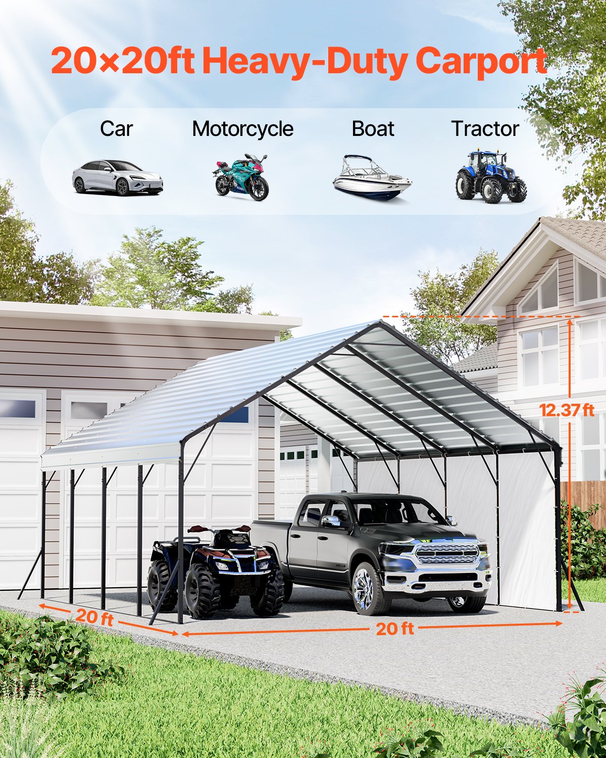 VEVOR Heavy Duty Metal Carport, 5.8 x 6 x 3.77 m Outdoor Carport with Sturdy Frame & Roof, Car Garage Shade with Removable Sidewalls, Multi-Use Car Shelter for Pickup, Boat, Trucks & Tractors