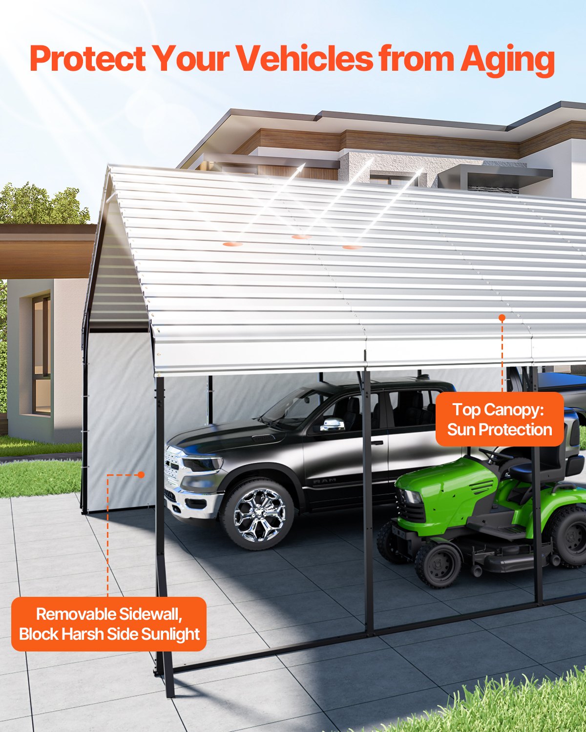 VEVOR Heavy Duty Metal Carport, 5.8 x 6 x 3.77 m Outdoor Carport with Sturdy Frame & Roof, Car Garage Shade with Removable Sidewalls, Multi-Use Car Shelter for Pickup, Boat, Trucks & Tractors