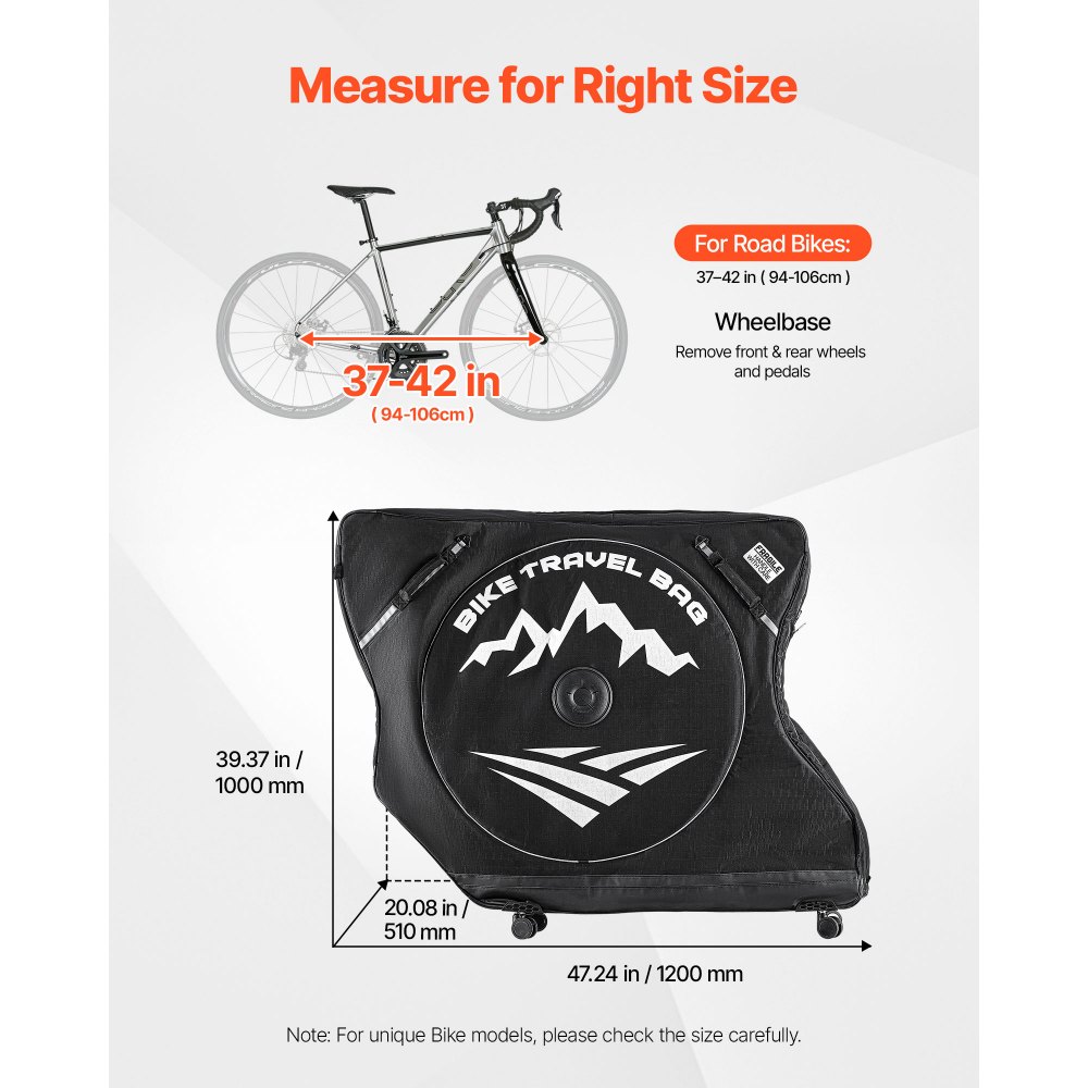 VEVOR Bolsa de Transporte para Bicicleta Distancia entre Ejes de 94-106 cm 600D, Bolsa para Llevar Bicicleta con Candado TSA y Doble Cremallera, para Viajes en Avión, Exteriores, Coche, Tren, Negro