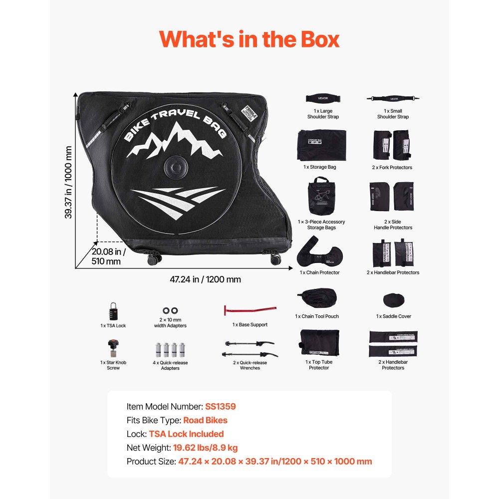 VEVOR Bolsa de Transporte para Bicicleta Distancia entre Ejes de 94-106 cm 600D, Bolsa para Llevar Bicicleta con Candado TSA y Doble Cremallera, para Viajes en Avión, Exteriores, Coche, Tren, Negro