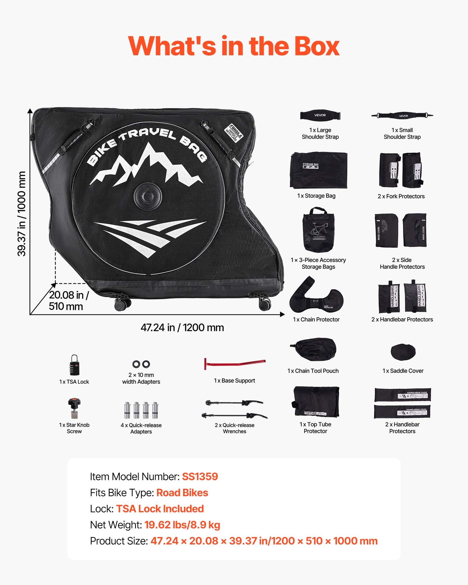 VEVOR Bolsa de Transporte para Bicicleta Distancia entre Ejes de 94-106 cm 600D, Bolsa para Llevar Bicicleta con Candado TSA y Doble Cremallera, para Viajes en Avión, Exteriores, Coche, Tren, Negro