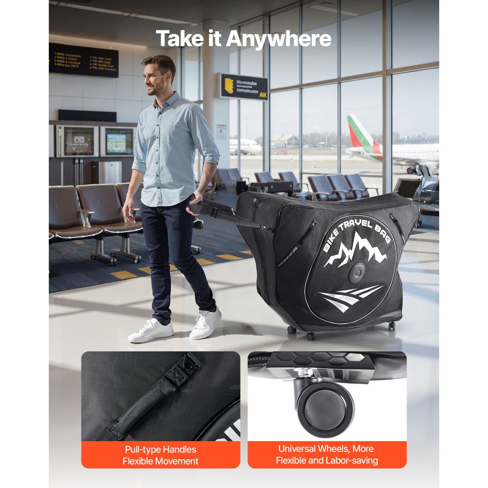 VEVOR Bolsa de Transporte para Bicicleta 600D Distancia Máxima entre Ejes de 106 cm, Bolsa para Llevar Bicicleta con Candado TSA y Doble Cremallera, para Viajes en Avión, Exterior, Coche, Tren, Negro