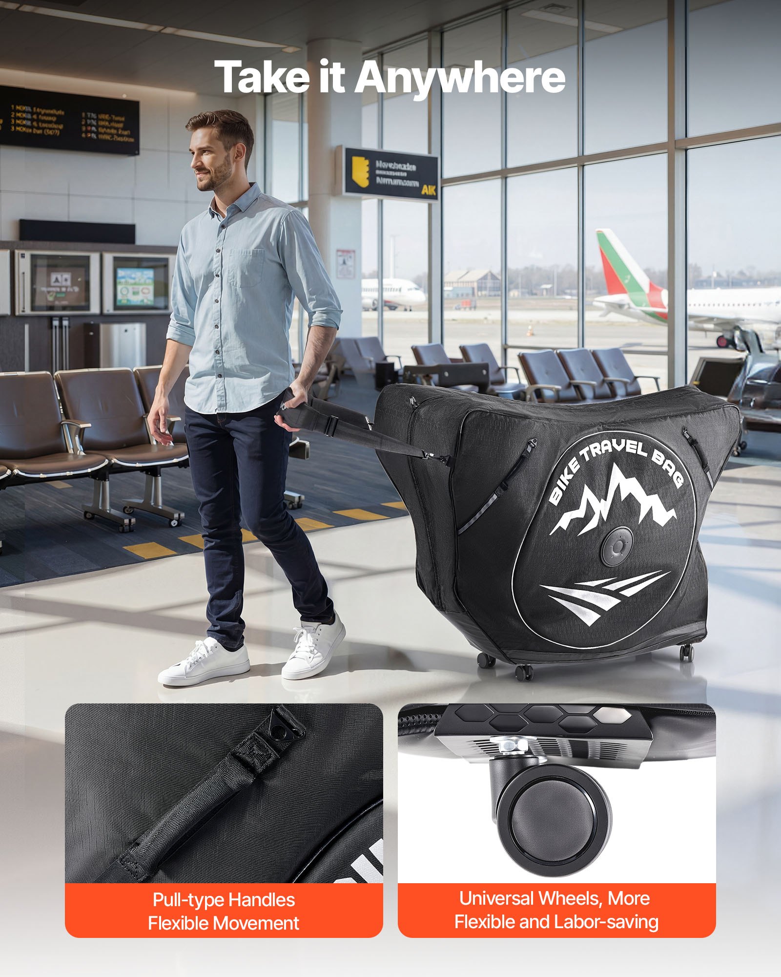 VEVOR Bolsa de Transporte para Bicicleta 600D Distancia Máxima entre Ejes de 106 cm, Bolsa para Llevar Bicicleta con Candado TSA y Doble Cremallera, para Viajes en Avión, Exterior, Coche, Tren, Negro