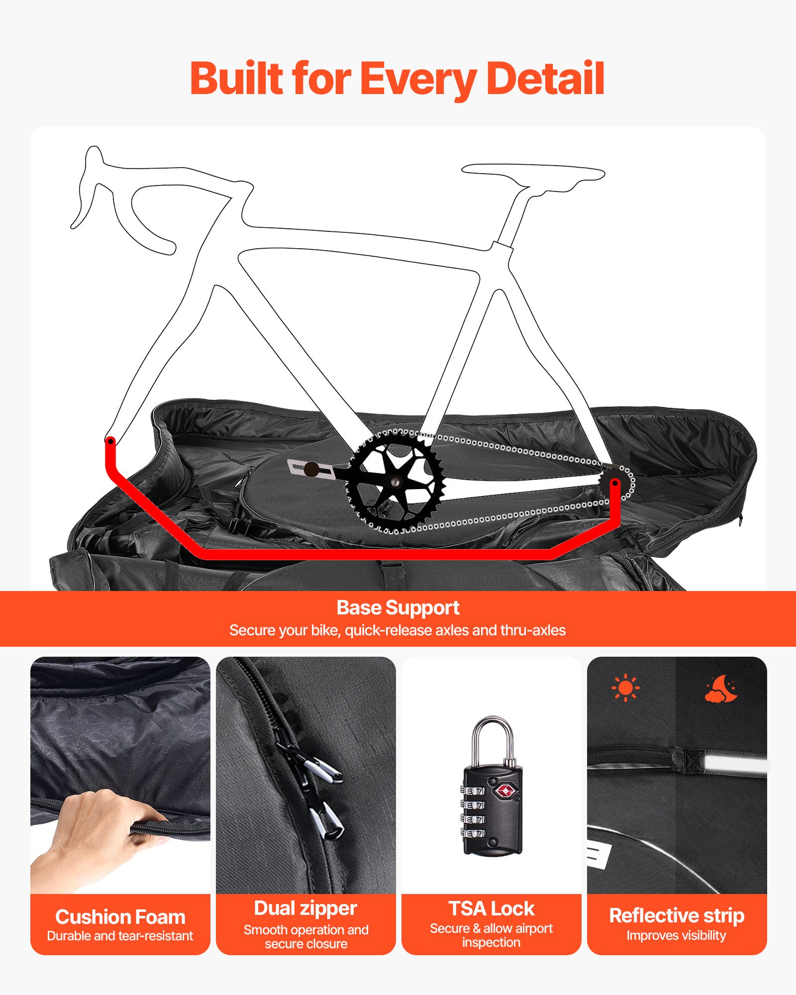 VEVOR Bolsa de Transporte para Bicicleta 600D Distancia Máxima entre Ejes de 106 cm, Bolsa para Llevar Bicicleta con Candado TSA y Doble Cremallera, para Viajes en Avión, Exterior, Coche, Tren, Negro