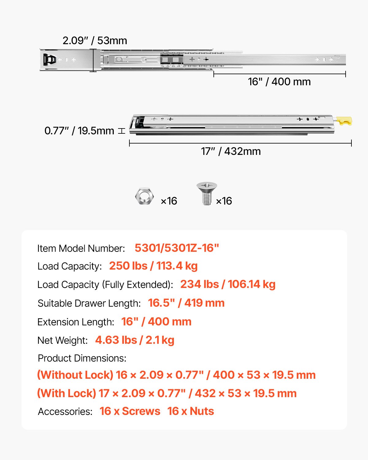 VEVOR 1 Par de Correderas para Cajones de Extensión Completa, Capacidad Carga 113,4 kg, Rodamiento de Bolas con Riel Deslizante para Cajones de Montaje Lateral con Bloqueo, 400 x 53 x 19,5 mm