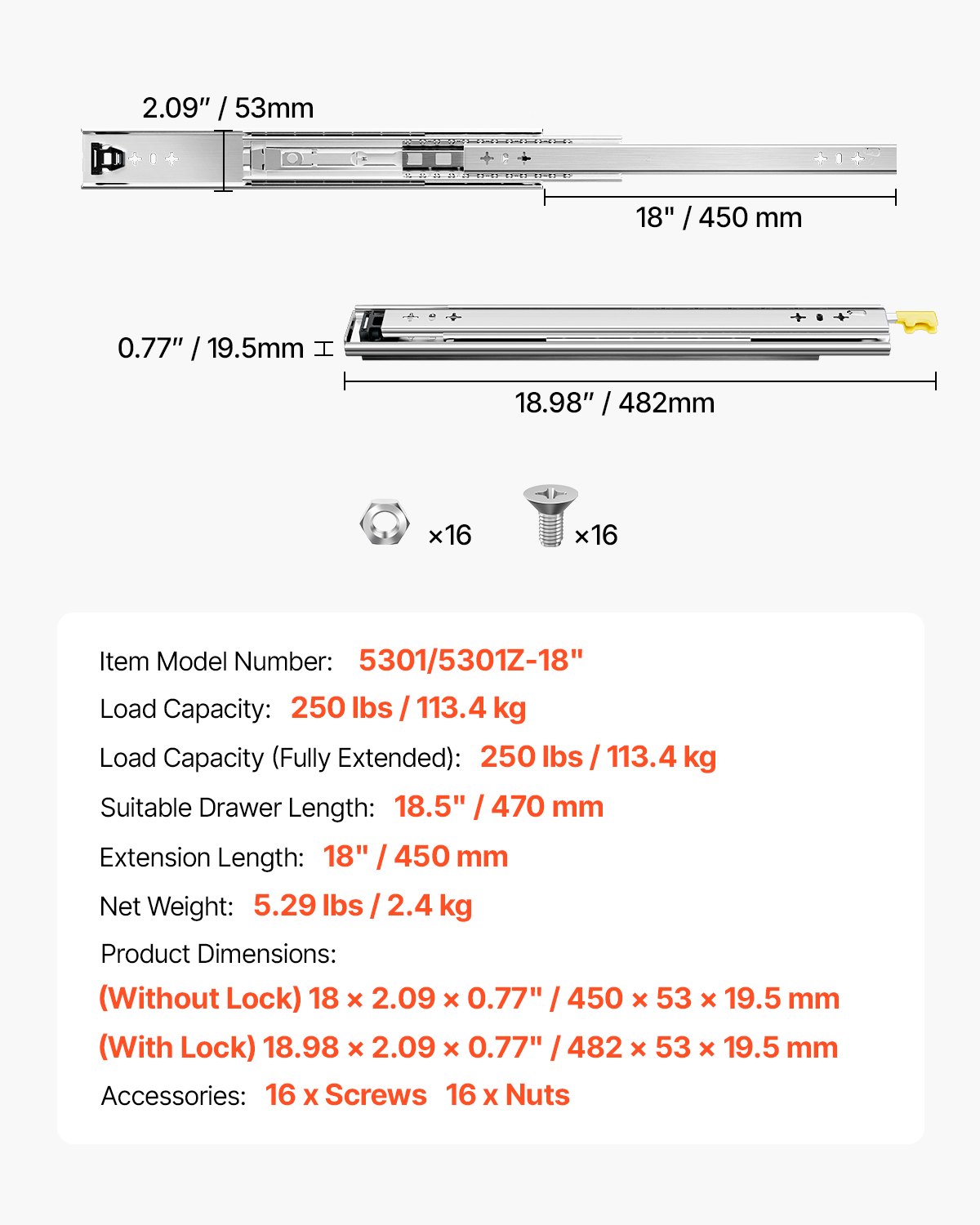 VEVOR drawer slides with full extension, 1 pair, lockable telescopic slides, 450 mm, load capacity 113.4 kg, side-mounted slide rail with ball bearing and locking mechanism