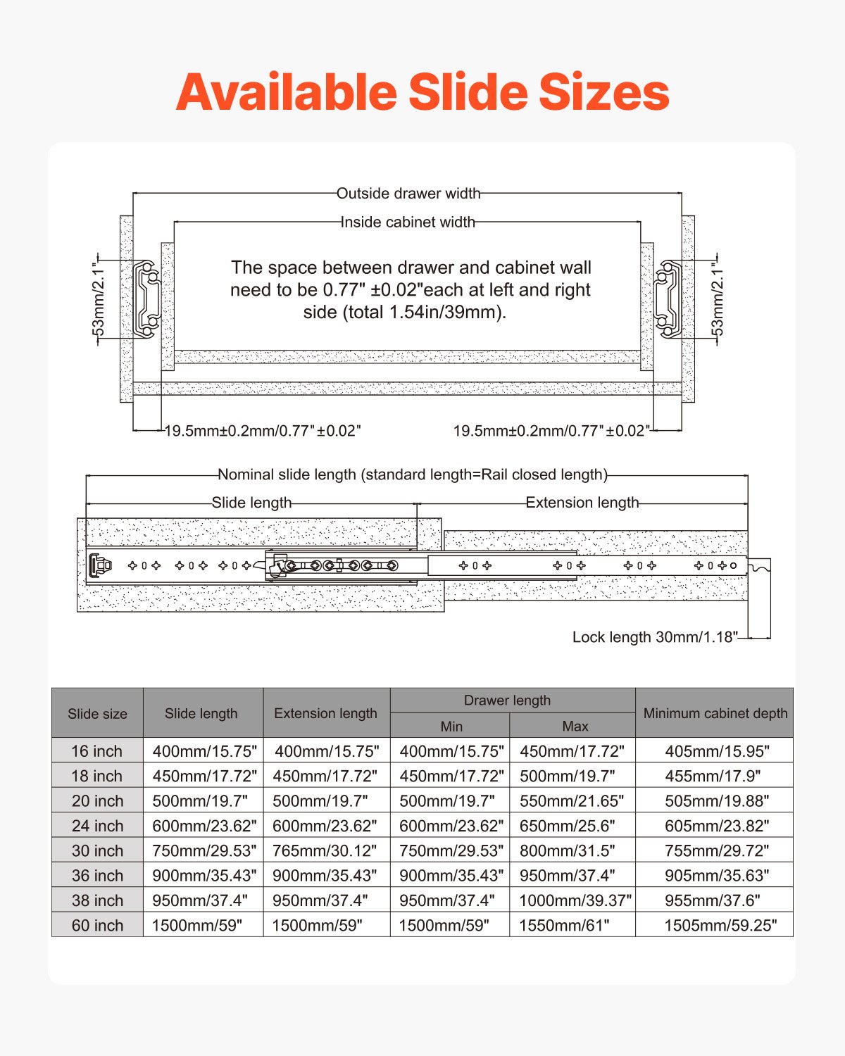 VEVOR 1 Par de Correderas para Cajones de Extensión Completa, Capacidad Carga 113,4 kg, Rodamiento de Bolas con Riel Deslizante para Cajones de Montaje Lateral con Bloqueo, 500 x 53 x 19,5 mm