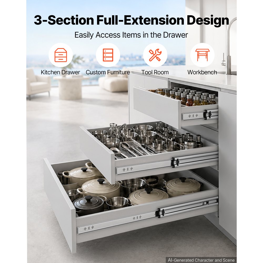 VEVOR Guías para Cajones 75 cm 120,2 kg Correderas para Cajones Laterales, con Extensión Completa de 3 Secciones, Rodamientos de Bolas, 1 Par, Tornillos y Tuercas para Armarios, Cocinas y Caravanas