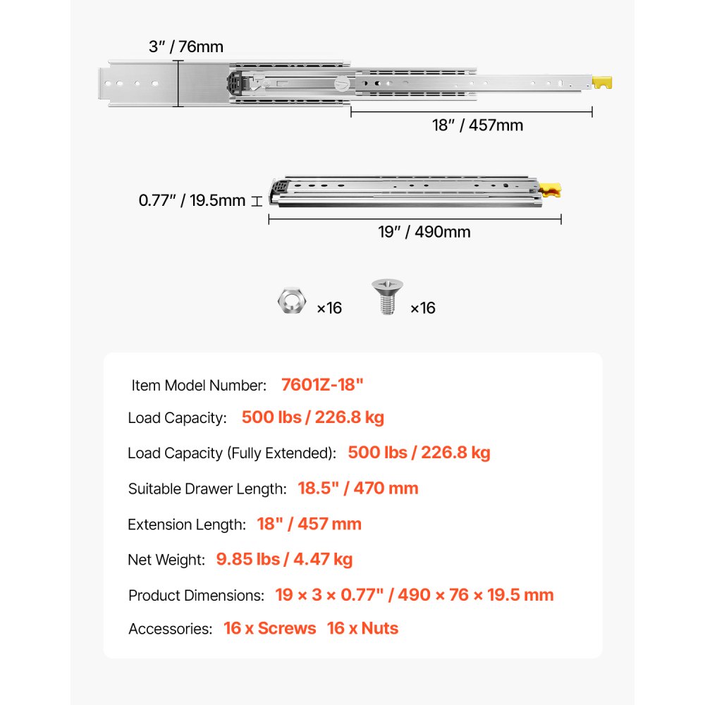 VEVOR 1 Par de Correderas Dobles para Cajones de Extensión Completa, Carga de 226,8 kg, Rodamiento de Bolas con Riel Deslizante para Cajones de Montaje Lateral con Bloqueo, 490 x 76 x 19,5 mm