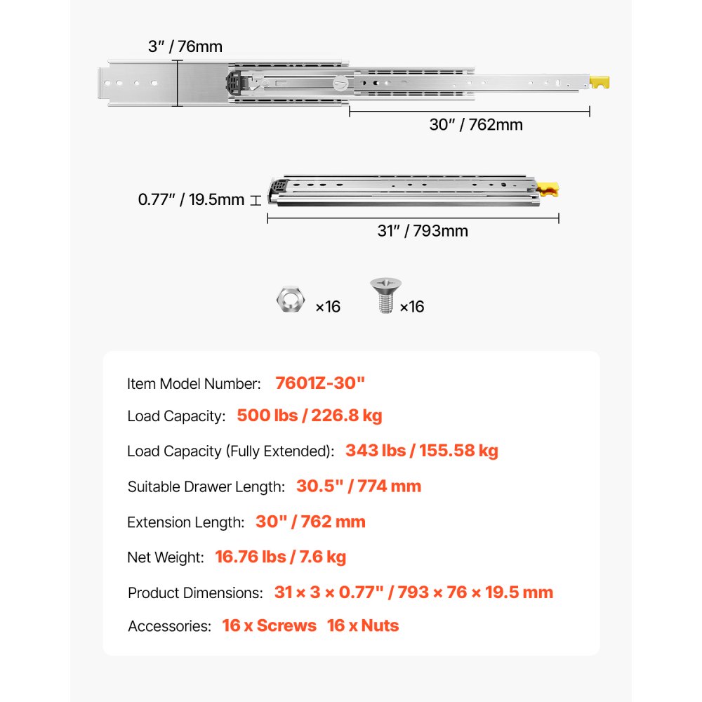 VEVOR 1 Par de Correderas Dobles para Cajones de Extensión Completa, Carga de 226,8 kg, Rodamiento de Bolas con Riel Deslizante para Cajones de Montaje Lateral con Bloqueo, 793 x 76 x 19,5 mm