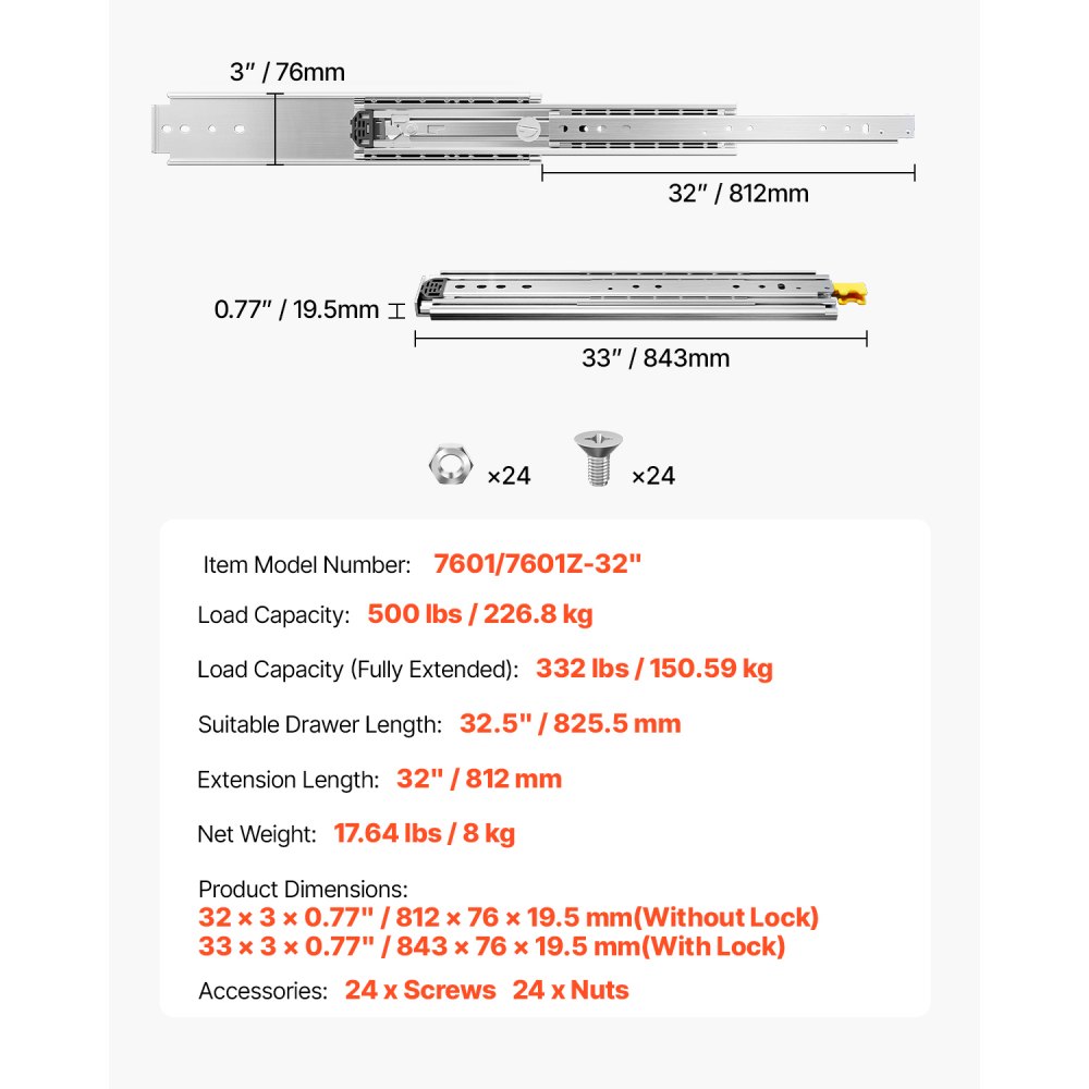 VEVOR 1 Par de Correderas para Cajones de Extensión Completa, Capacidad Carga 226,8 kg, Rodamiento de Bolas con Riel Deslizante para Cajones de Montaje Lateral con Bloqueo, 812 x 76 x 19,5 mm