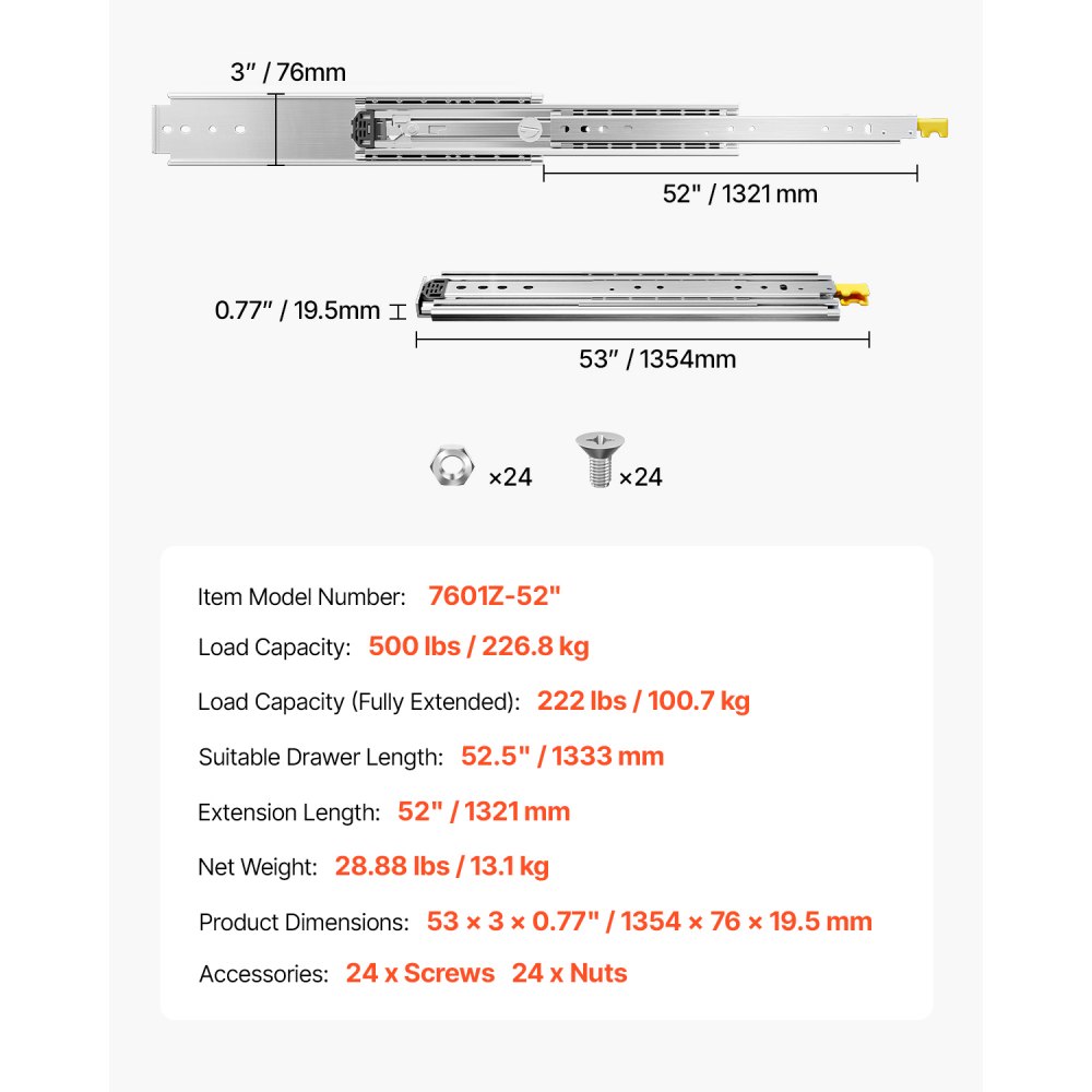 VEVOR 1 Par de Correderas Dobles para Cajones de Extensión Completa, Carga de 226,8 kg, Rodamiento de Bolas con Riel Deslizante para Cajones de Montaje Lateral con Bloqueo, 1354 x 76 x 19,5 mm