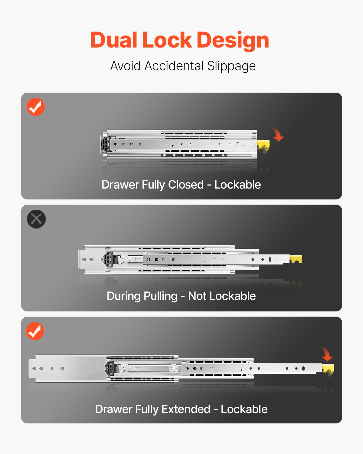 VEVOR 1 Pair of Full Extension Drawer Slides 1422 mm, 226 kg Load Capacity, Drawer Guides, Double Locking Design, Side Mounted Telescopic Slides for Shelves, Cabinets, Industrial Drawers