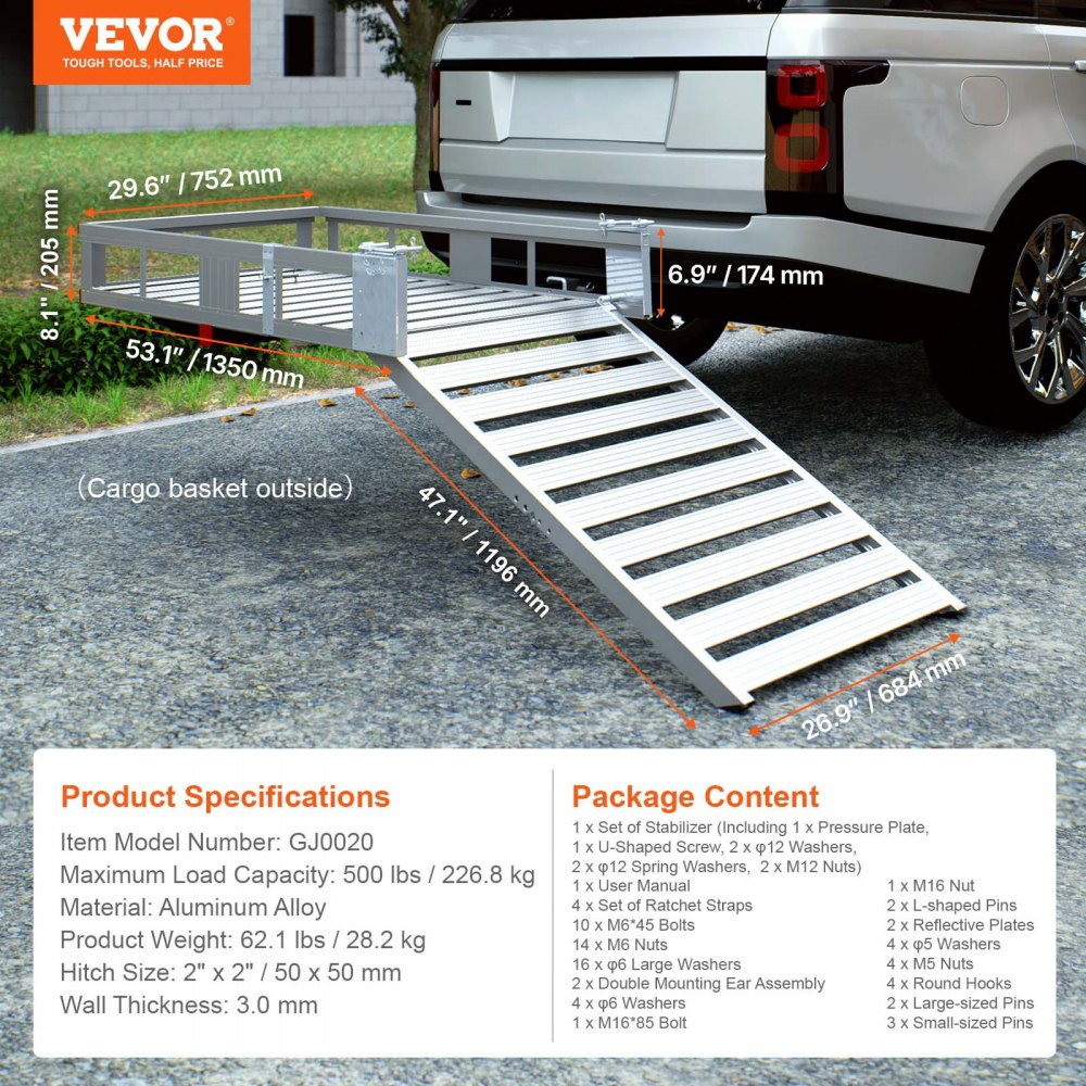 VEVOR Porta Silla de Ruedas 120x70 cm Portador de Scooter de Movilidad Rampa Plegable 226,8 kg Cesta de Enganche de Remolque con Correas Estabilizadoras Receptor de Enganche 50x50 mm para Coches SUV