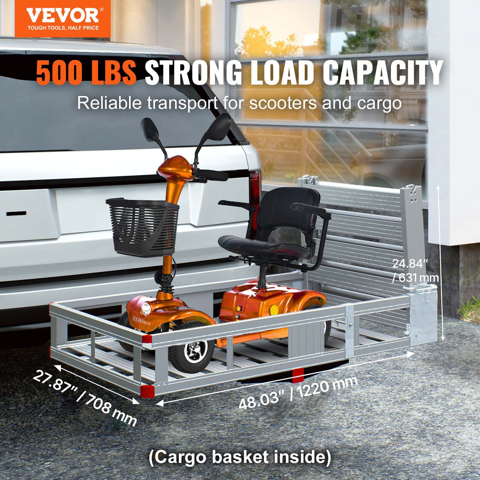 VEVOR Porta Silla de Ruedas 120x70 cm Portador de Scooter de Movilidad Rampa Plegable 226,8 kg Cesta de Enganche de Remolque con Correas Estabilizadoras Receptor de Enganche 50x50 mm para Coches SUV