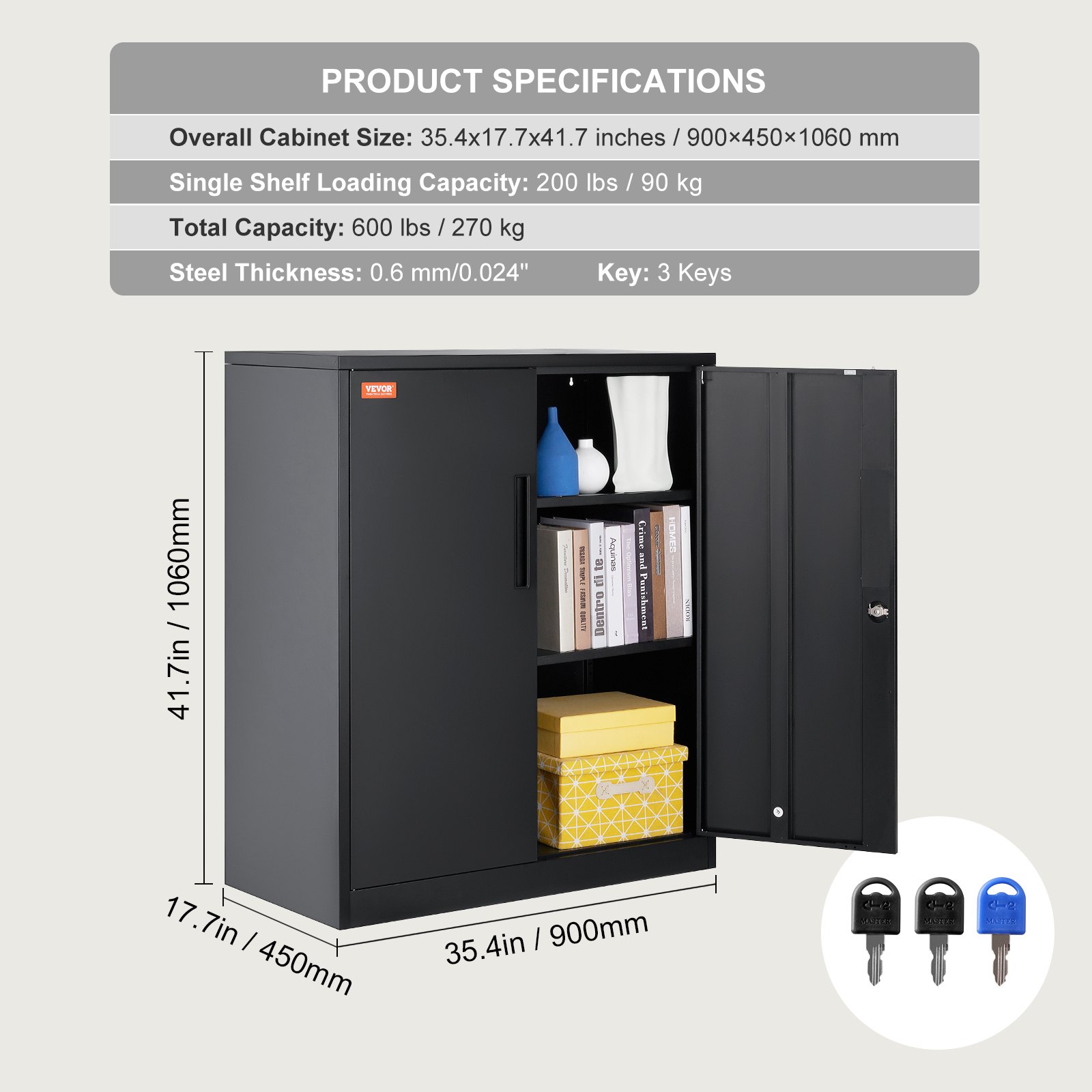VEVOR Gabinete de metal con 2 puertas magnéticas y 4 estantes ajustables, capacidad de 200 libras por estante, gabinete de almacenamiento de acero con cerradura 42 pulgadas con 3 llaves, para garaje